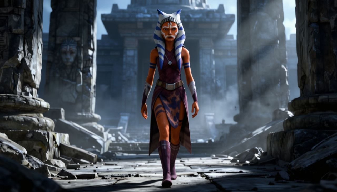 Асока в медитации среди руин храма джедаев, с холодным светом и ощущением внутреннего поиска после разрыва с Орденом