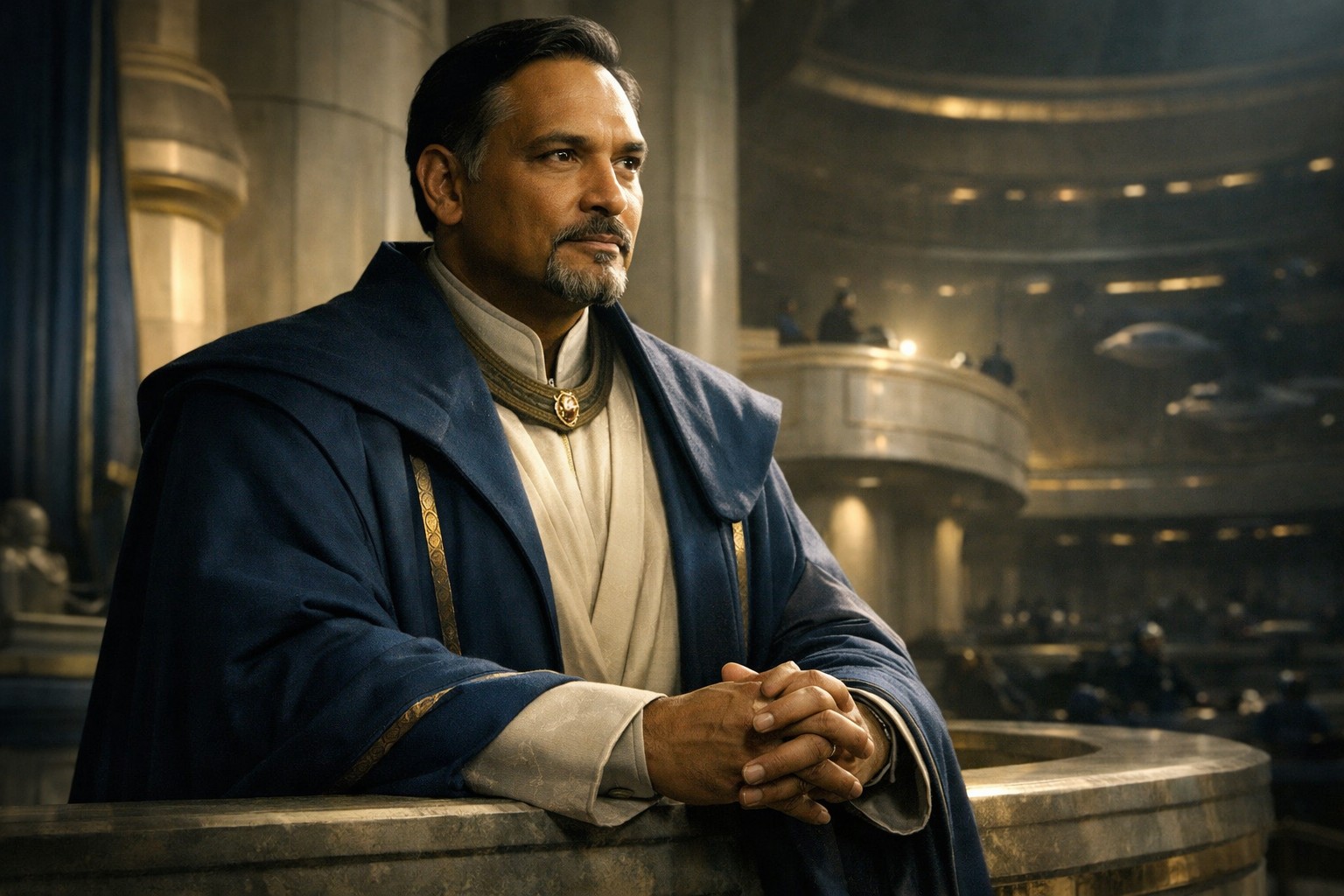 Бейл Органа стоит в сенатском интерьере сдержанно и твёрдо, превращая политический долг в форму тихого сопротивления