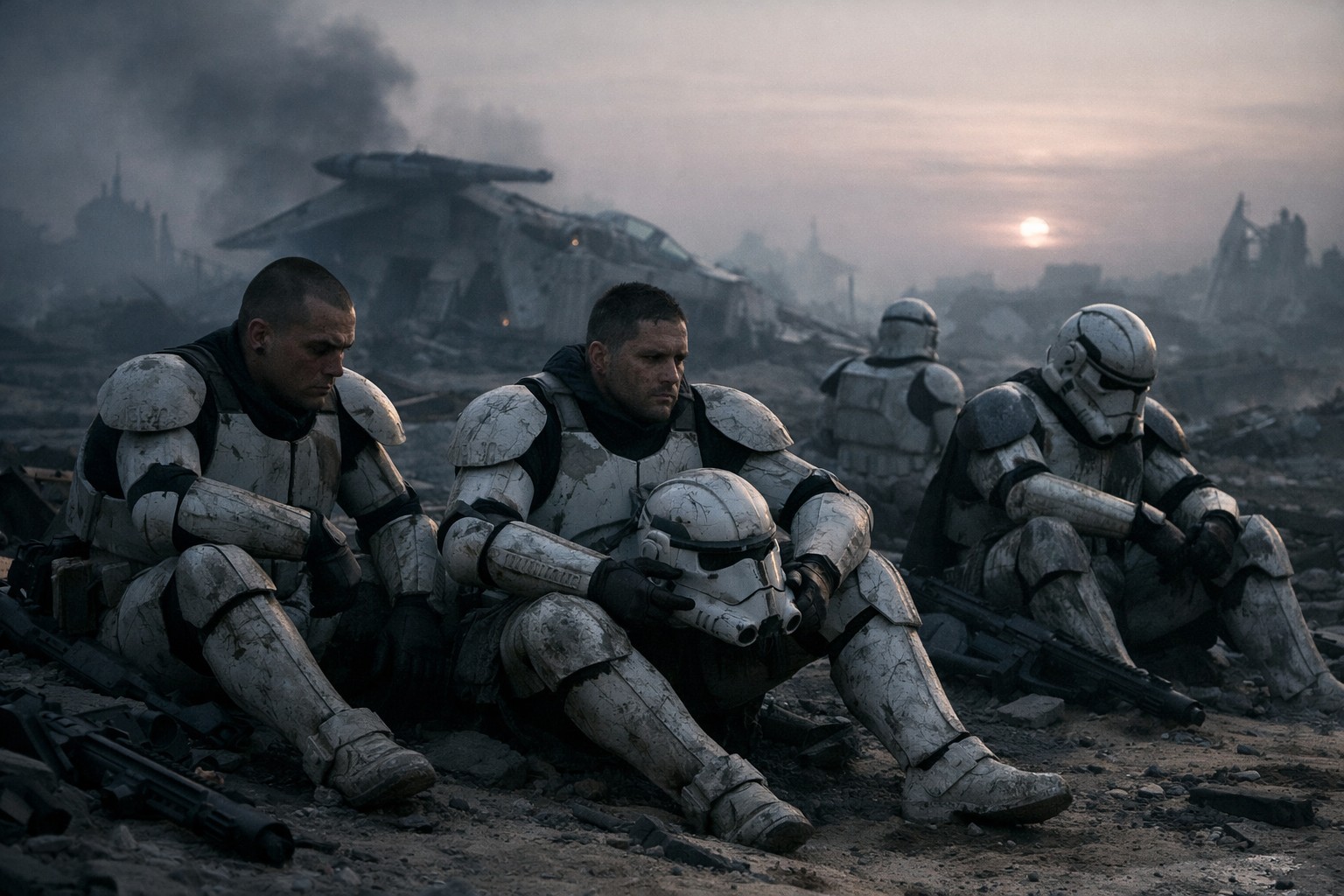 Усталые клоны сидят среди руин после боя, впервые ощущая, что война может не закончиться миром и возвращением домой