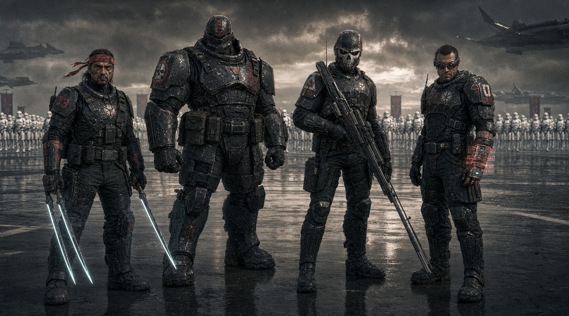 Четверо бойцов Clone Force 99 в тёмной броне с индивидуальными элементами стоят на мокрой от дождя посадочной платформе под грозовым небом, за ними — строй одинаковых белых клонов, контраст между нестандартностью и шаблоном