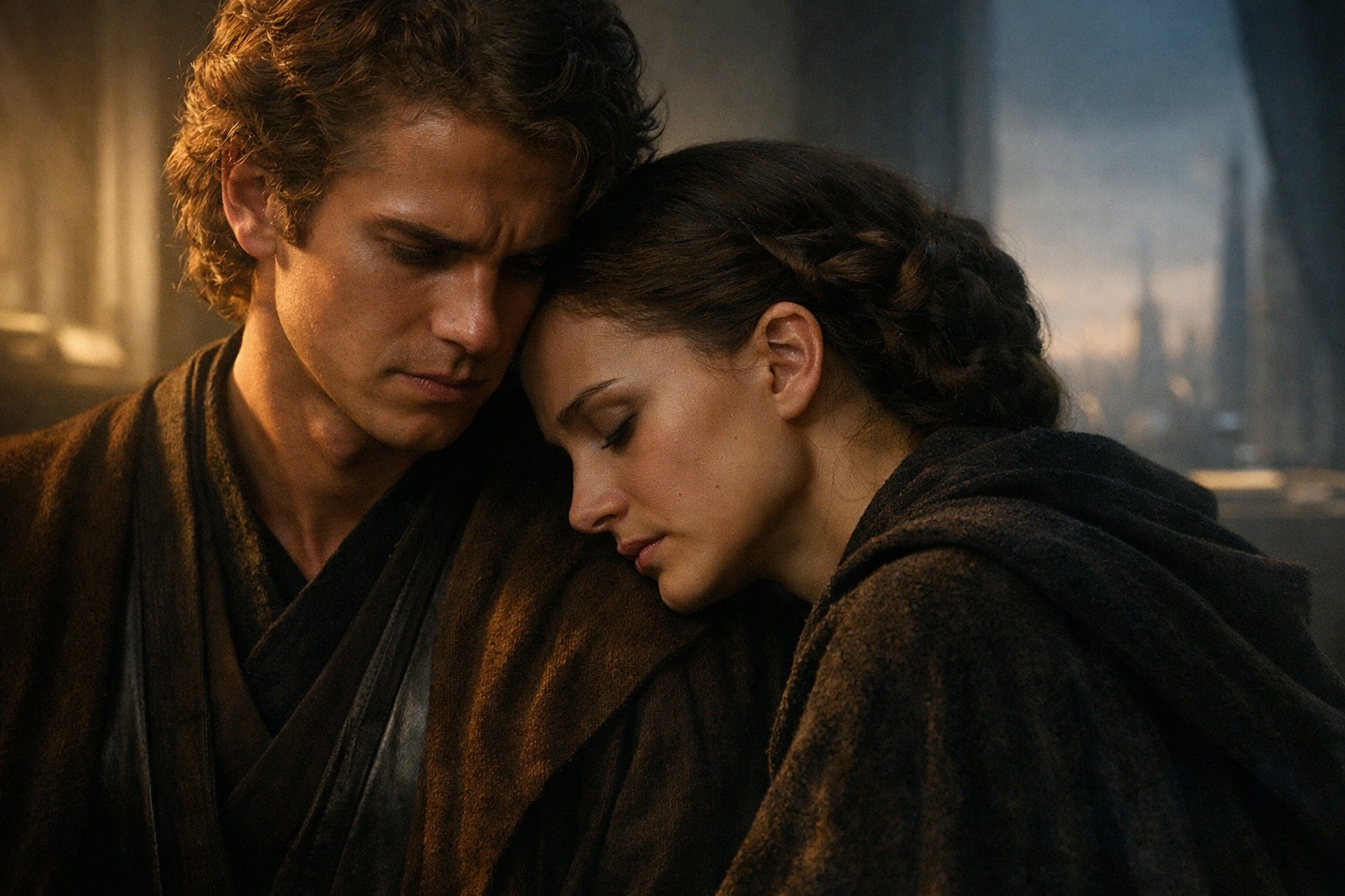 Энакин и Падме в тихой близости на фоне тусклого света, как частная любовь, в которой уже чувствуется надлом целой эпохи