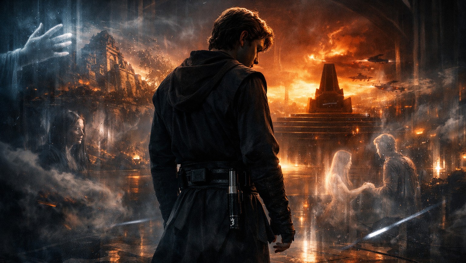 Энакин в тёмном пространстве с символикой страха потери и внутреннего разрыва, передающий тему скрытого двигателя катастрофы