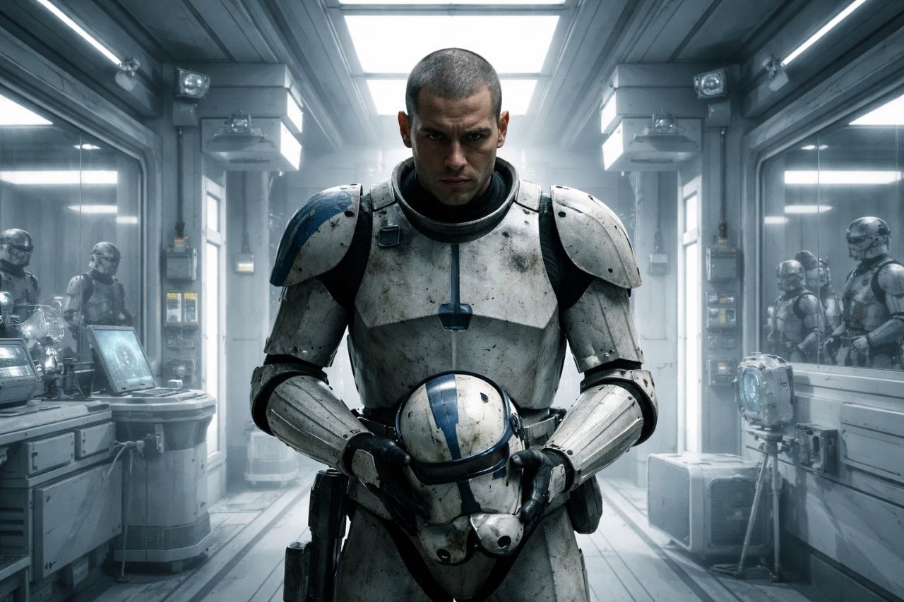 Файвз стоит в стерильном военном отсеке с шлемом в руках, пока холодная система вокруг уже решила считать его правду безумием