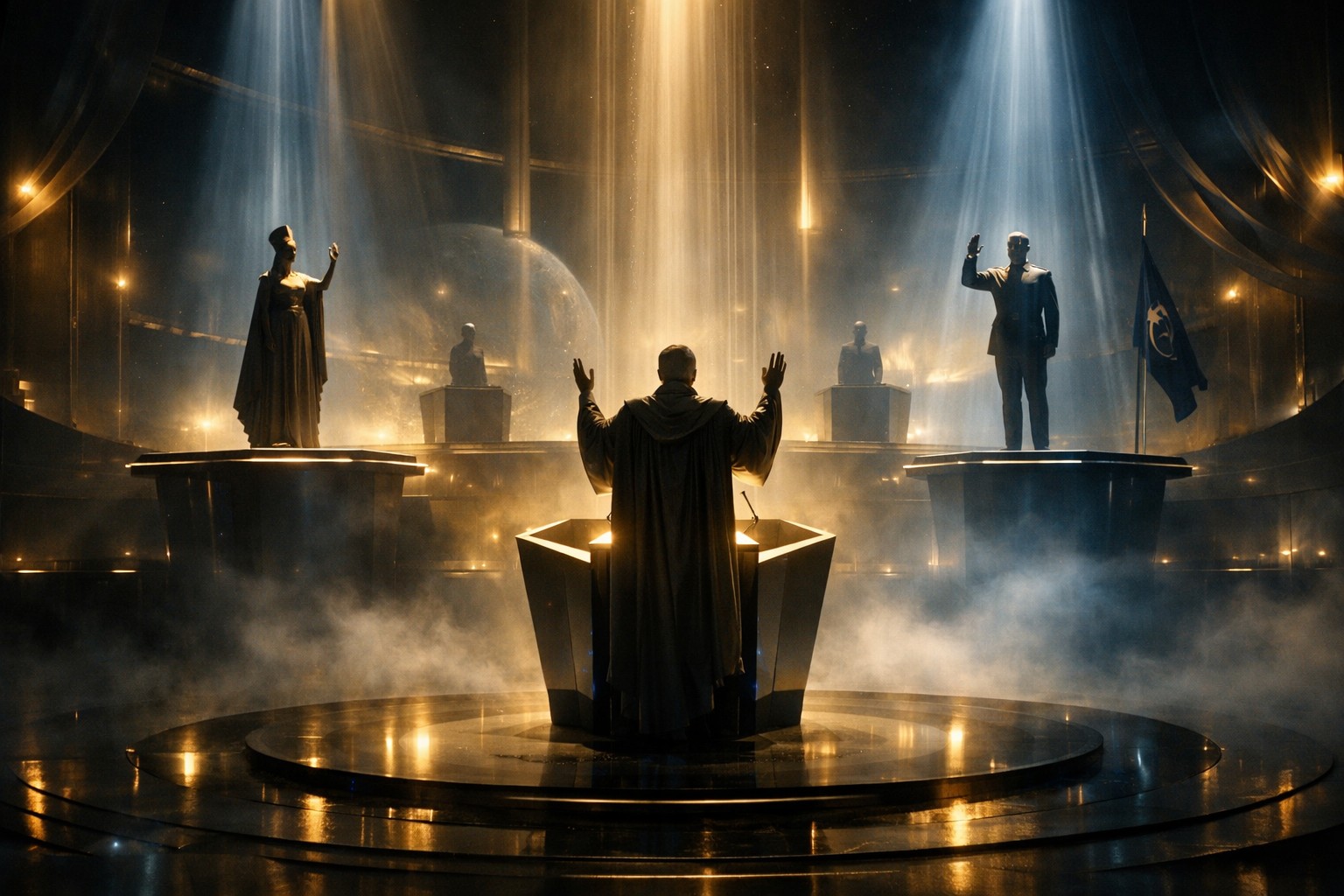 Сцена галактической политики как торжественный спектакль: фигуры власти стоят в лучах света на возвышениях, превращая управление в публичный ритуал