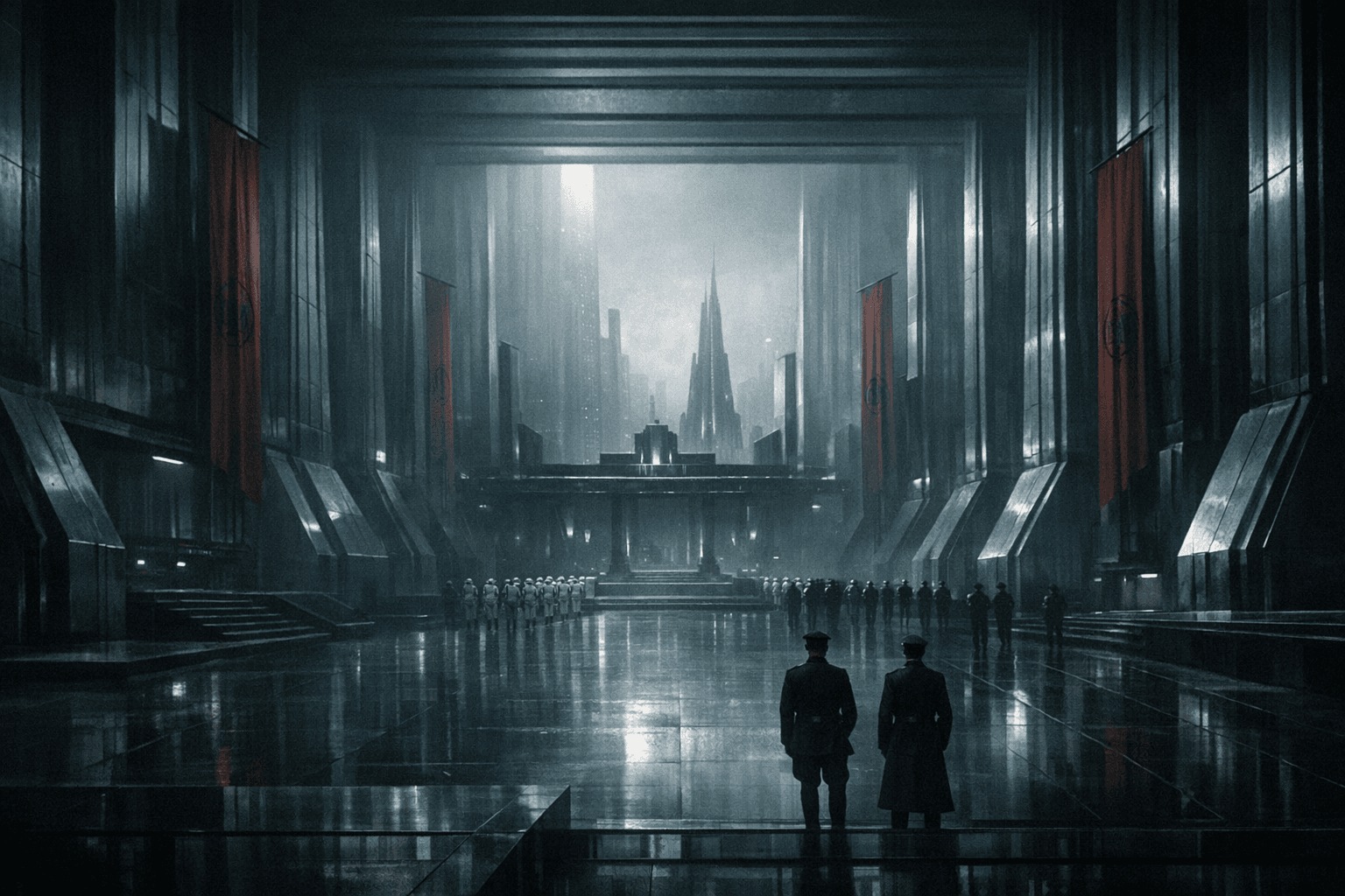 Монументальное имперское пространство с холодной симметрией, красными знаменами и маленькими фигурами людей, передающее соблазн порядка после усталости Республики