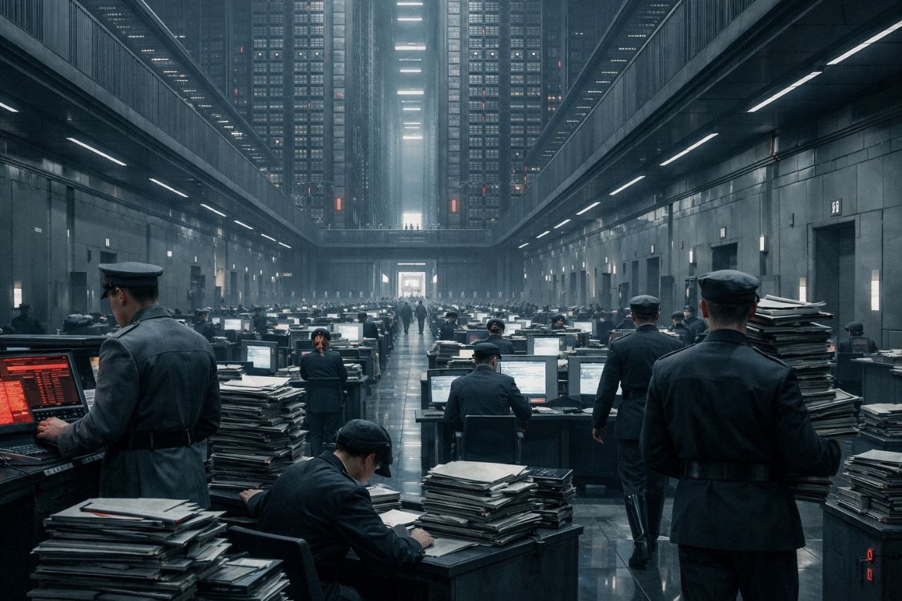 Атмосферная обложка с имперской архитектурой, длинными коридорами и холодным светом, передающая ощущение бездушной бюрократической машины