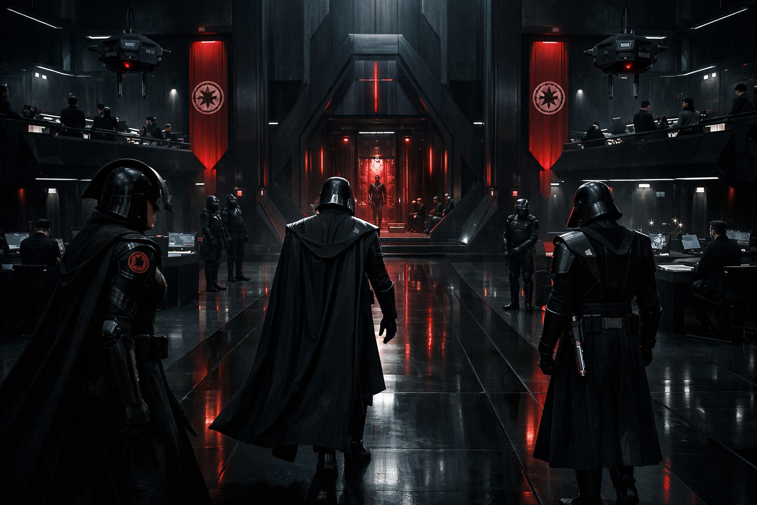 Инквизиторы входят в чёрный имперский зал, где охота на джедаев уже встроена в холодную государственную машину