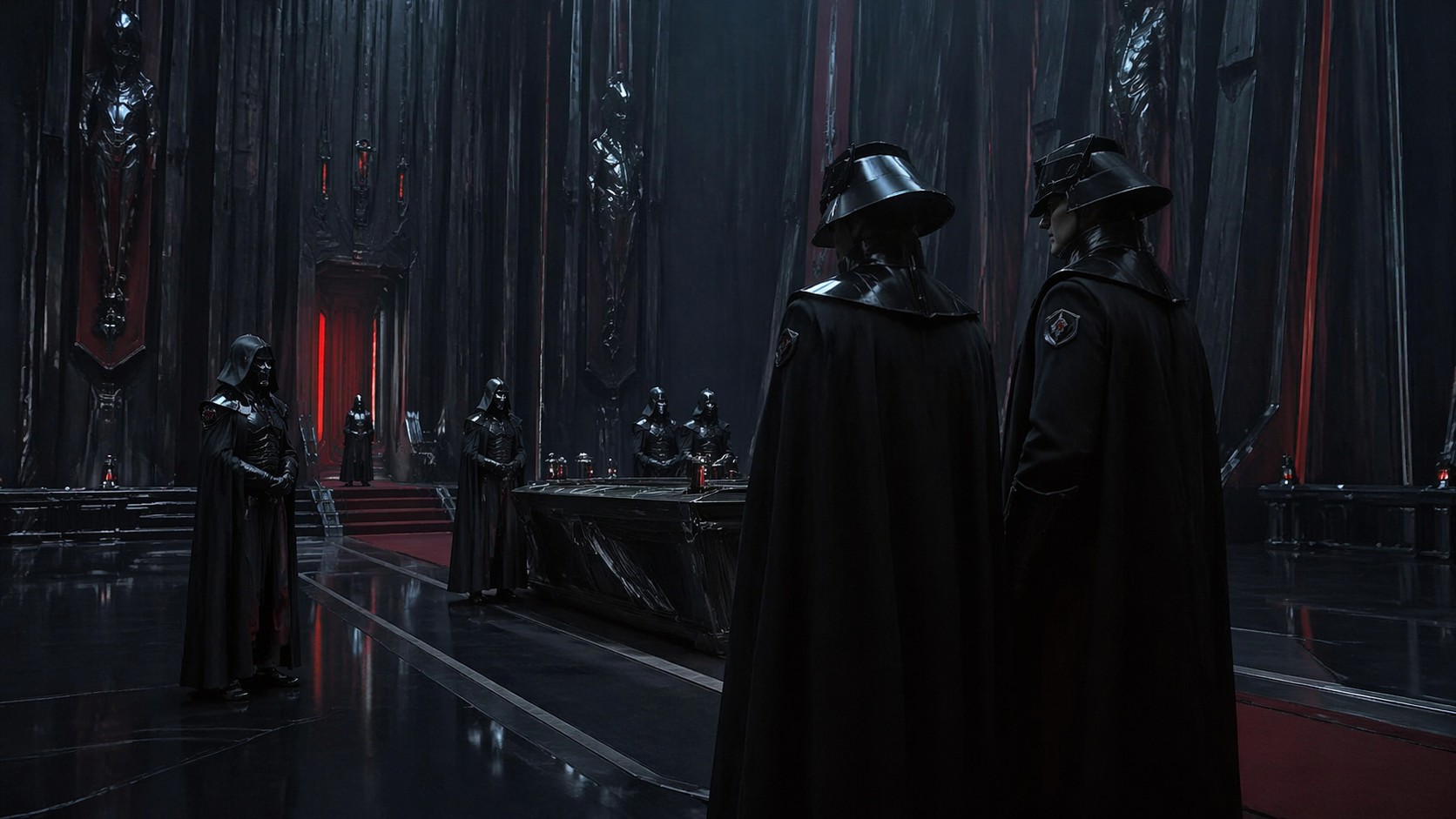 Инквизиторы в тёмном имперском зале, где архитектура и ритуал превращают власть в холодный механизм страха.