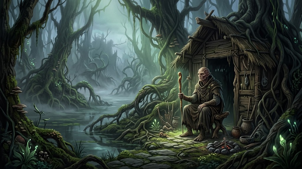 Йода в изгнании на болотном мире, у хижины среди корней и тумана, где мудрость учится жить с поражением.