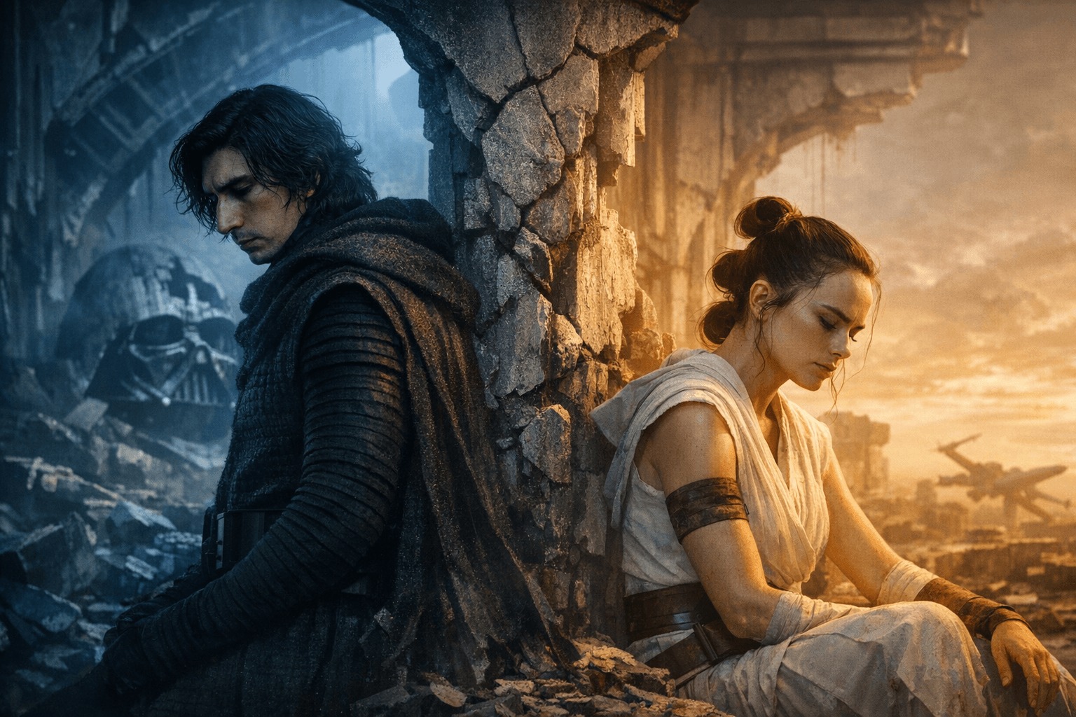 Символическая обложка с двумя противоположными фигурами в холодном свете, передающая тему сломанных наследников чужих линий