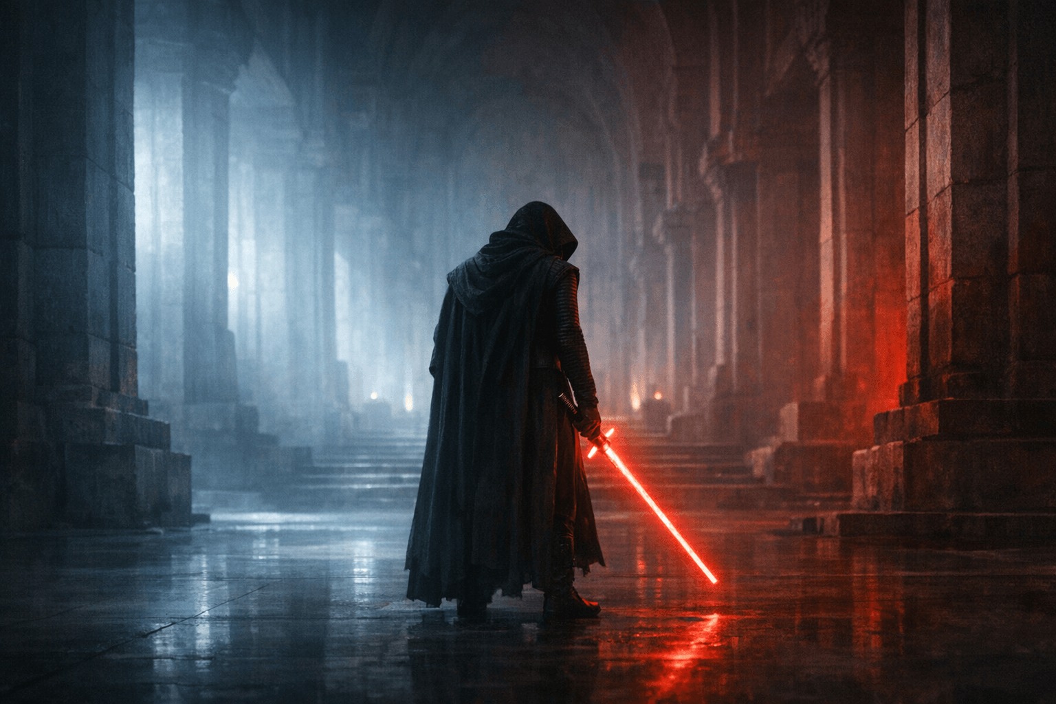 Одинокая тёмная фигура в холодном храмовом пространстве с красным световым клинком, передающая внутренний раскол и тяжесть наследия Кайло Рена