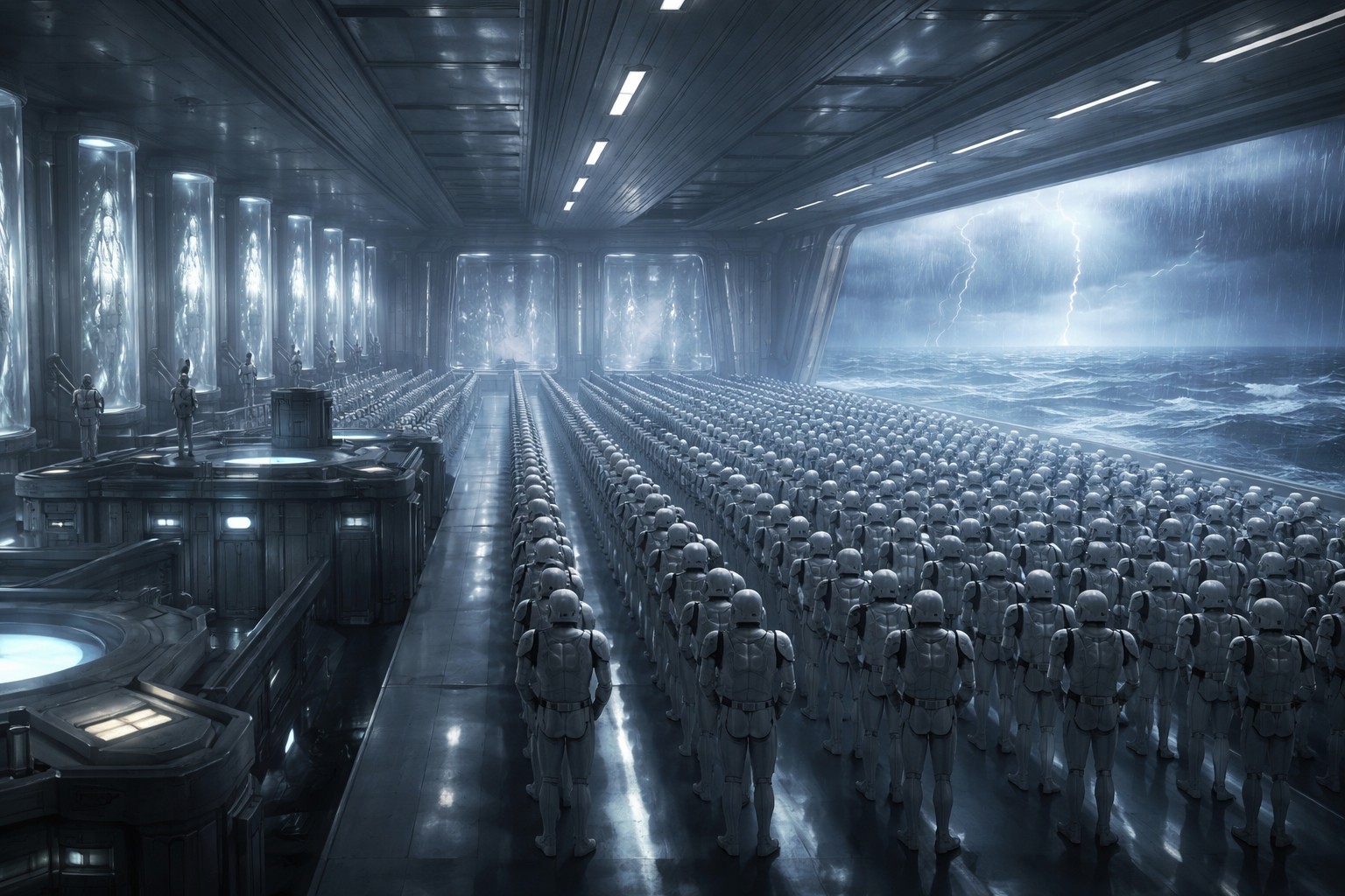 Камино как фабрика верности: ряды клонов, холодный свет и шторм за панорамными окнами.