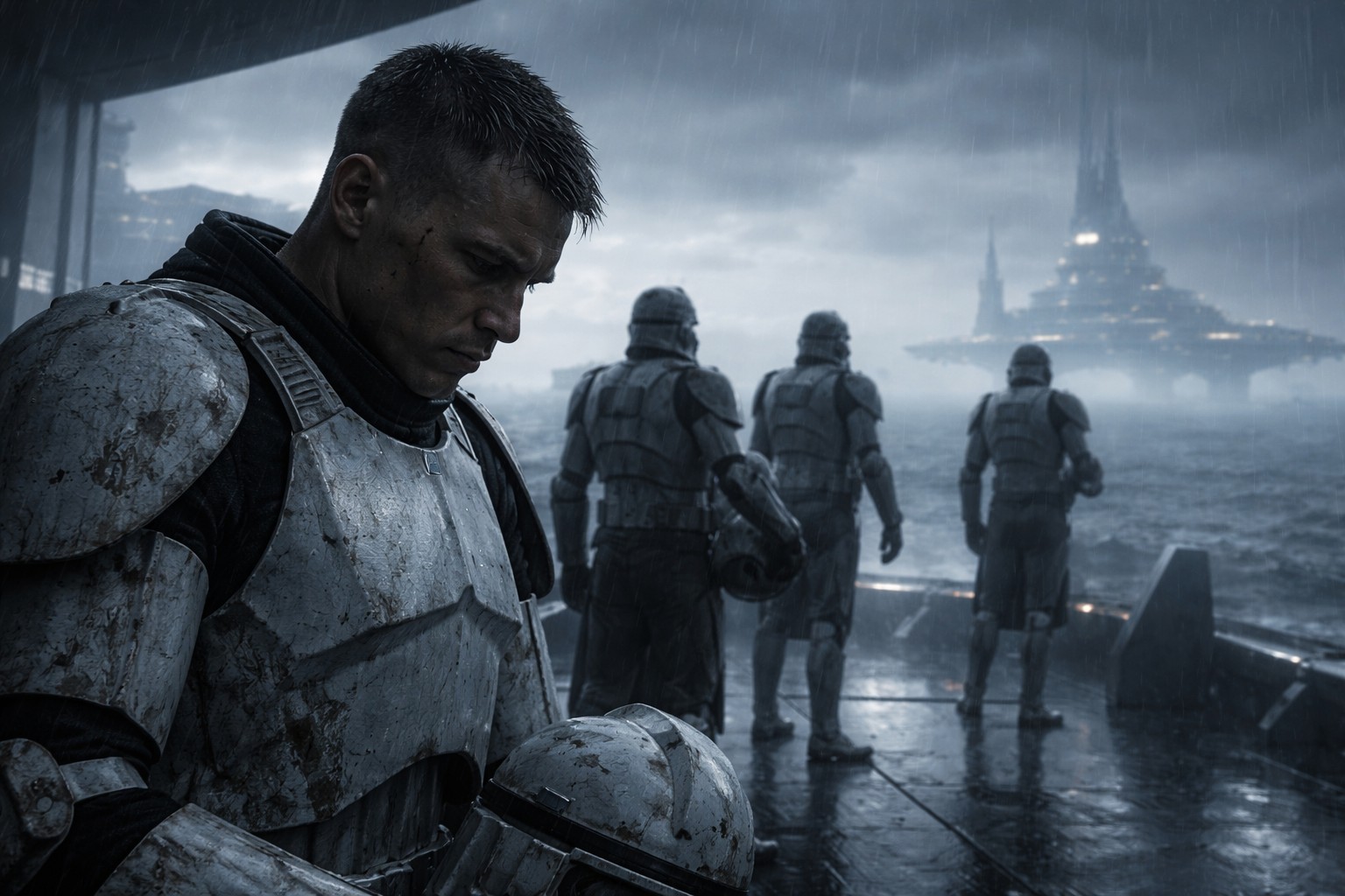 Усталый клон-солдат держит шлем под дождём Камино, а позади другие клоны стоят у платформы как живой след чужой воли