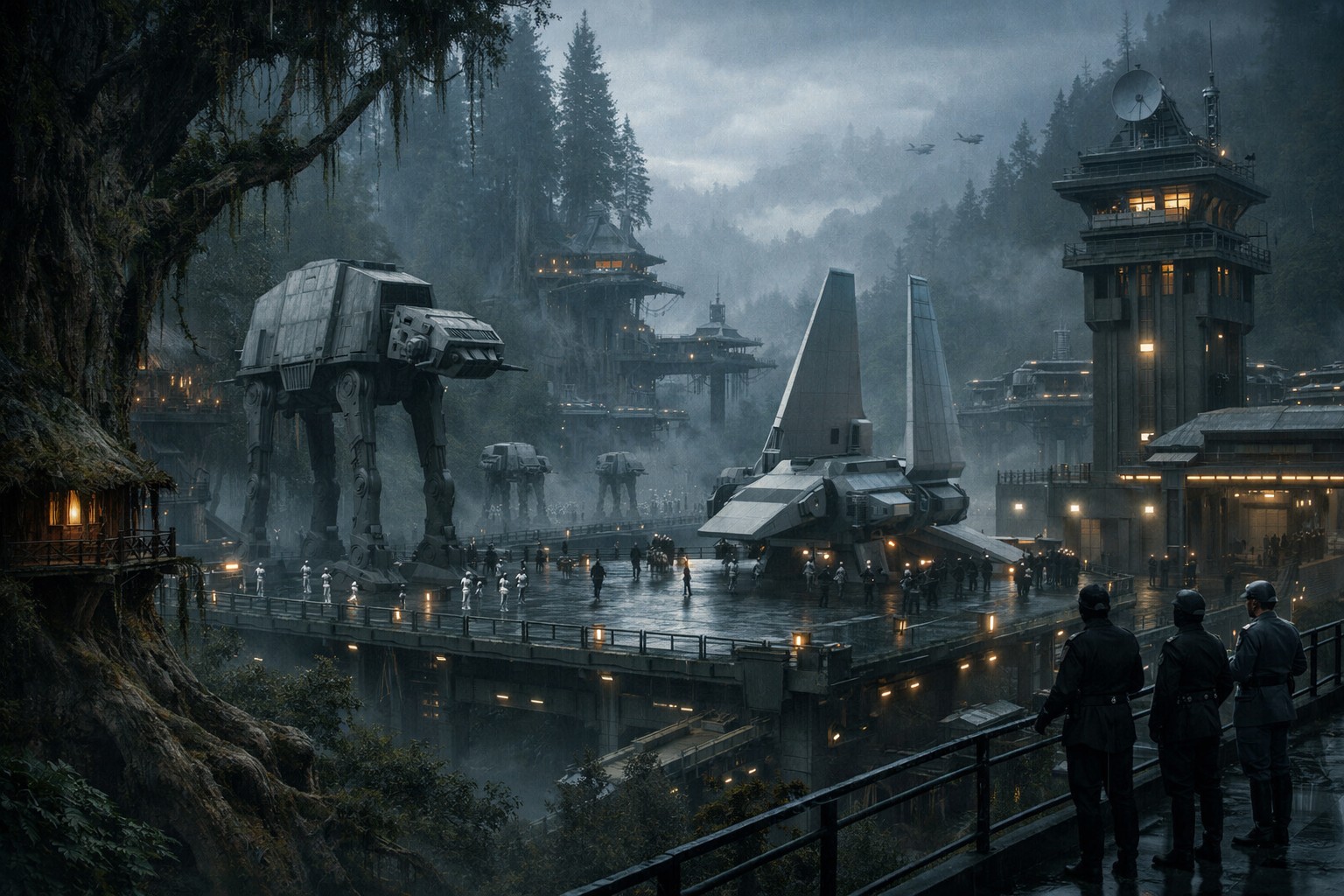 Имперская база и техника в туманном лесу Кашиика: оккупация приходит не как хаос, а как холодный порядок, навязанный живому миру
