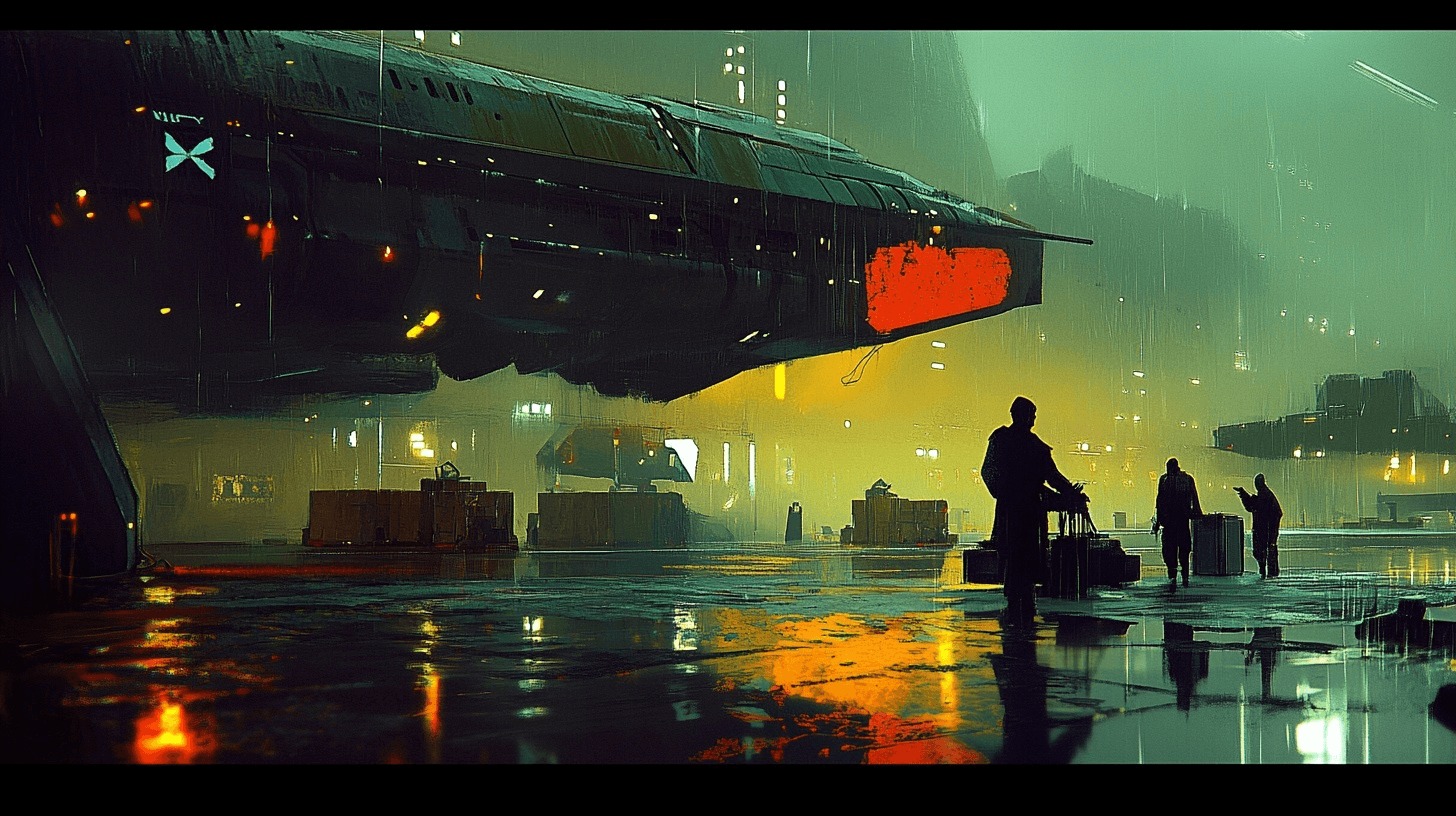 Тёмный космопорт под дождём, грузовой корабль и фигуры контрабандистов среди ящиков, передающие серую экономику и пограничную жизнь галактики