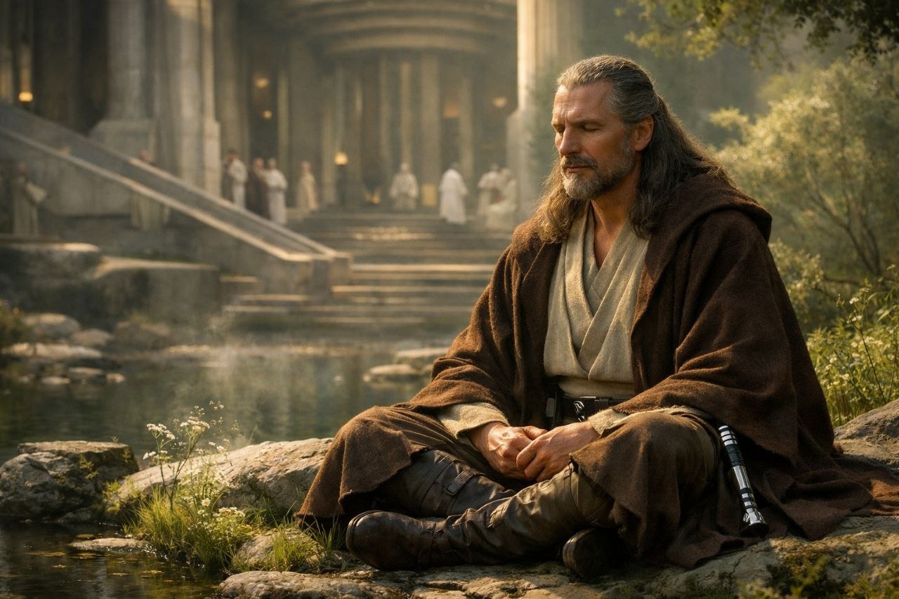 Квай-Гон Джинн сидит в тихом созерцании у воды, пока за его спиной возвышается торжественная архитектура института, ставшего слишком громким