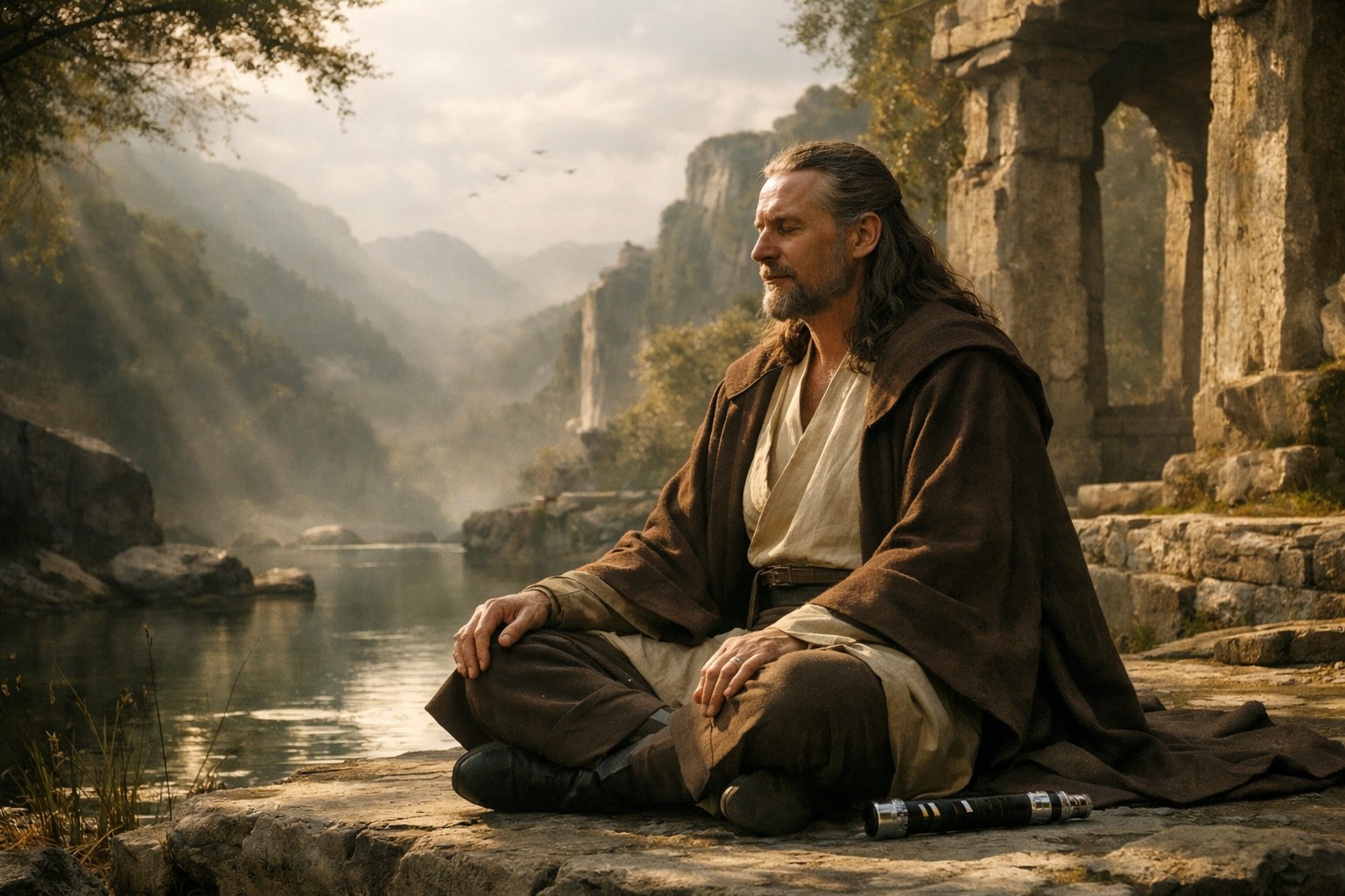 Квай-Гон Джинн сидит в тишине у древних руин и воды, вслушиваясь в живую Силу вне языка института