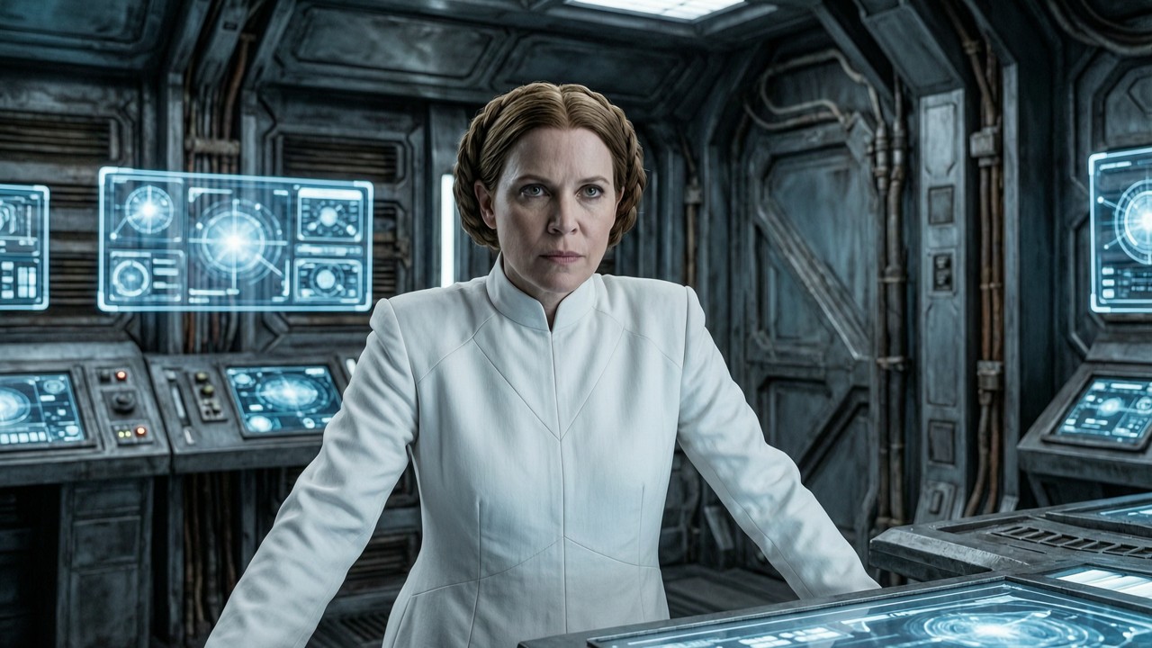 Лея Органа в командном центре Сопротивления, где надежда звучит как дисциплина.