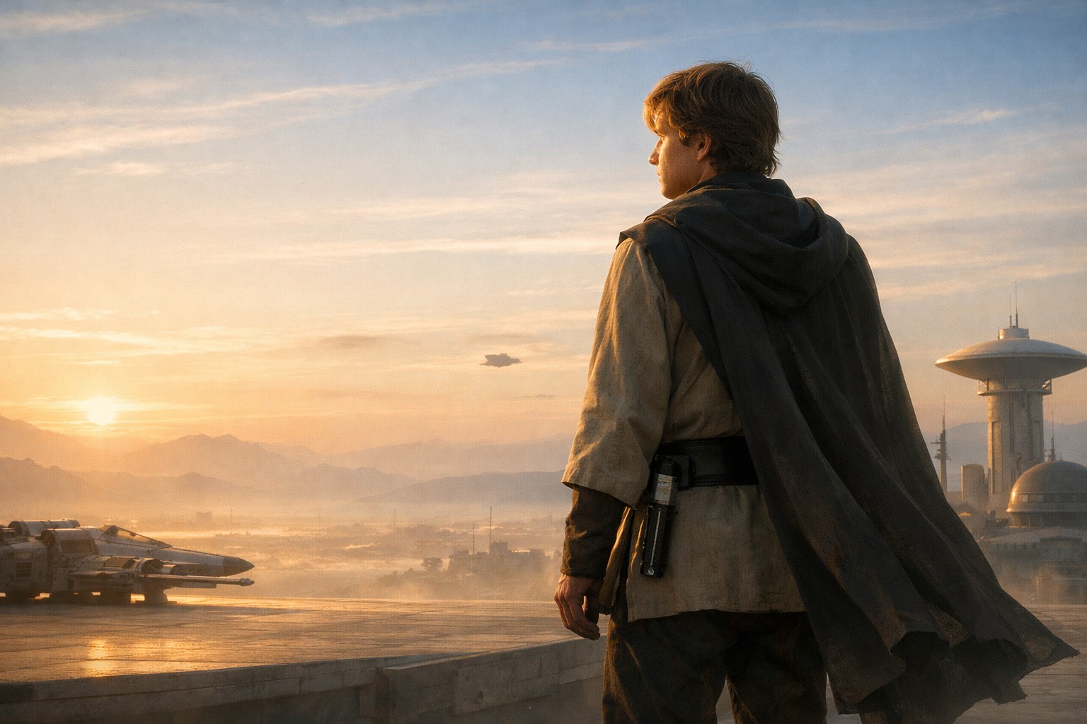 Люк Скайуокер стоит на фоне рассветного города новой эпохи, глядя вперёд с тихой надеждой и чувством ответственности после победы