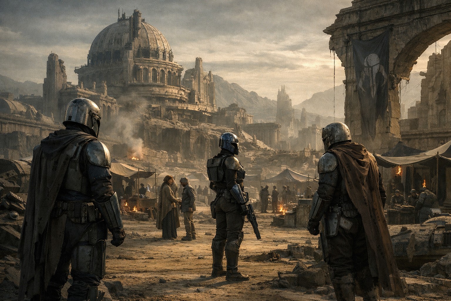 Мандалорцы в броне стоят среди руин разрушенного города, где мир без центра пытается заново учиться жизни среди обломков власти