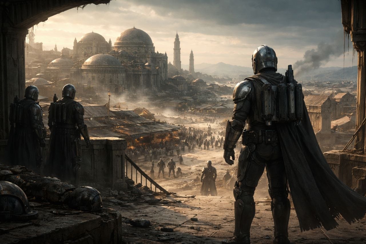 Мандалорские воины в броне смотрят на послевоенный город, где мир наступил формально, но так и не стал общим и спокойным для всех