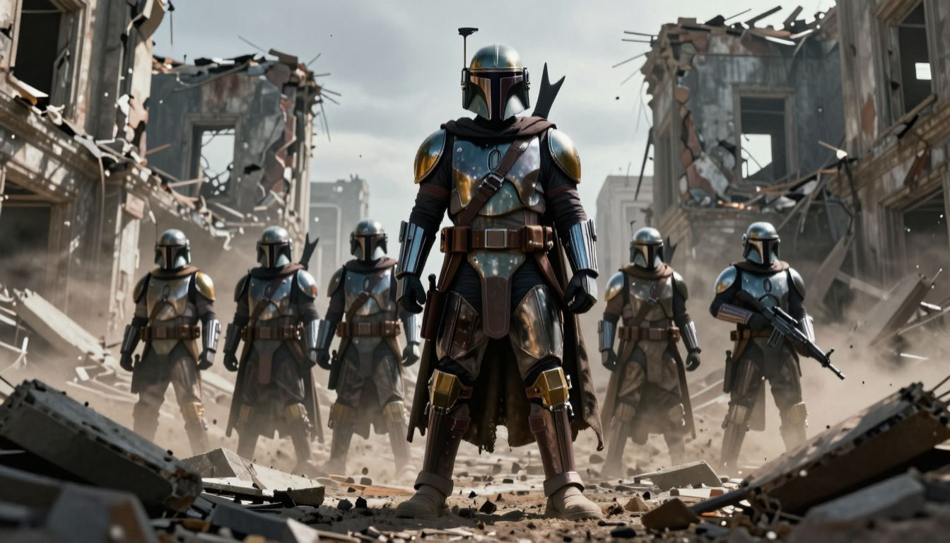 Мандалорские воины разных эпох на фоне разрушенных миров, передающие идею культуры без постоянной территории