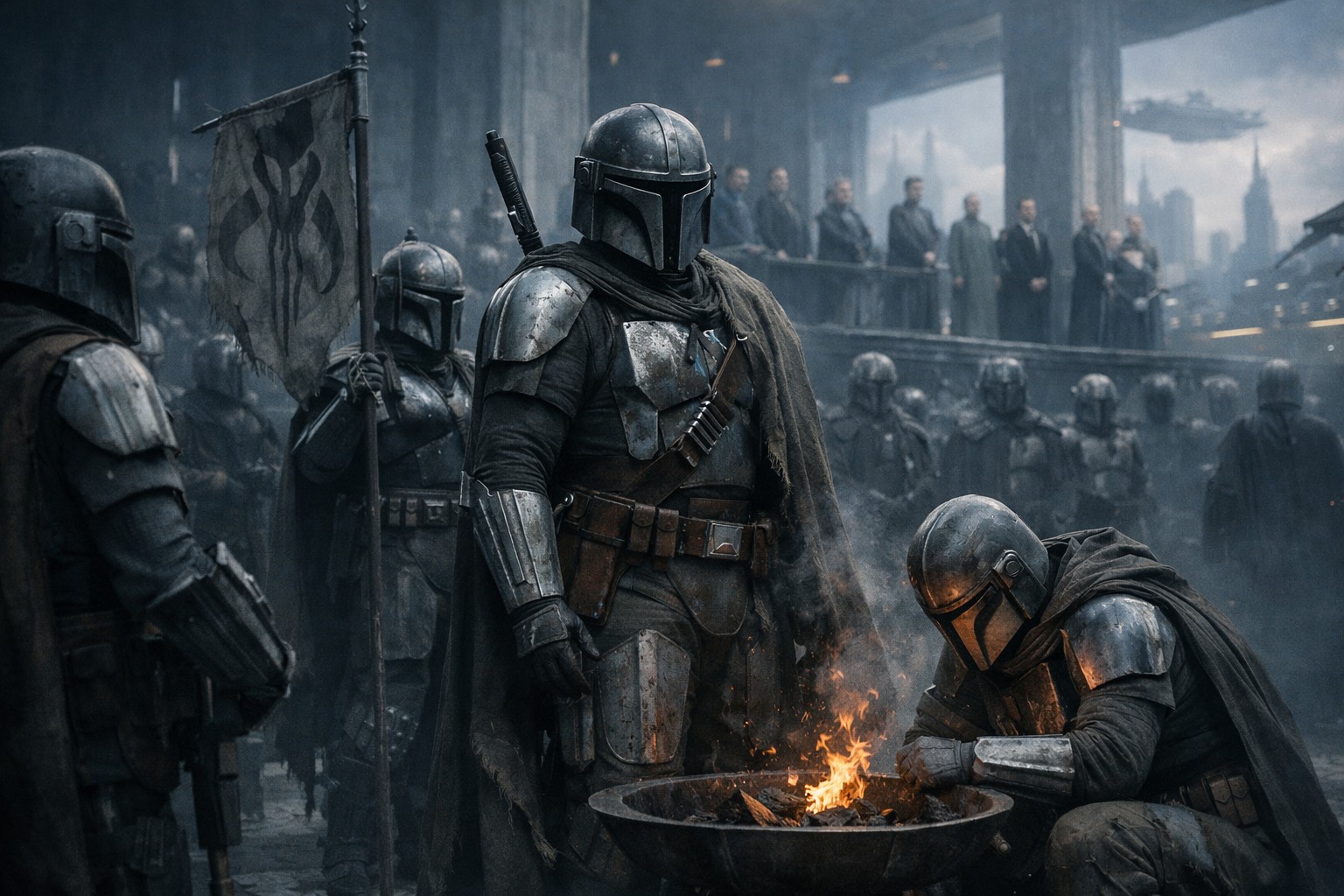 Мандалорские воины в изношенной броне собрались вокруг огня и знамени, сохраняя кодекс и воинскую общность среди мира государственных структур