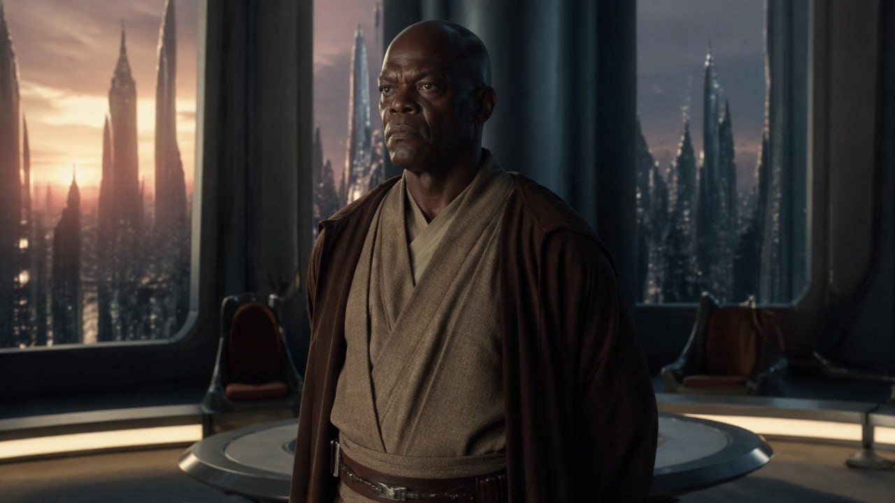 Мейс Винду в зале Совета джедаев на фоне заката над Корусантом, где справедливость уже несёт в себе усталость времени.