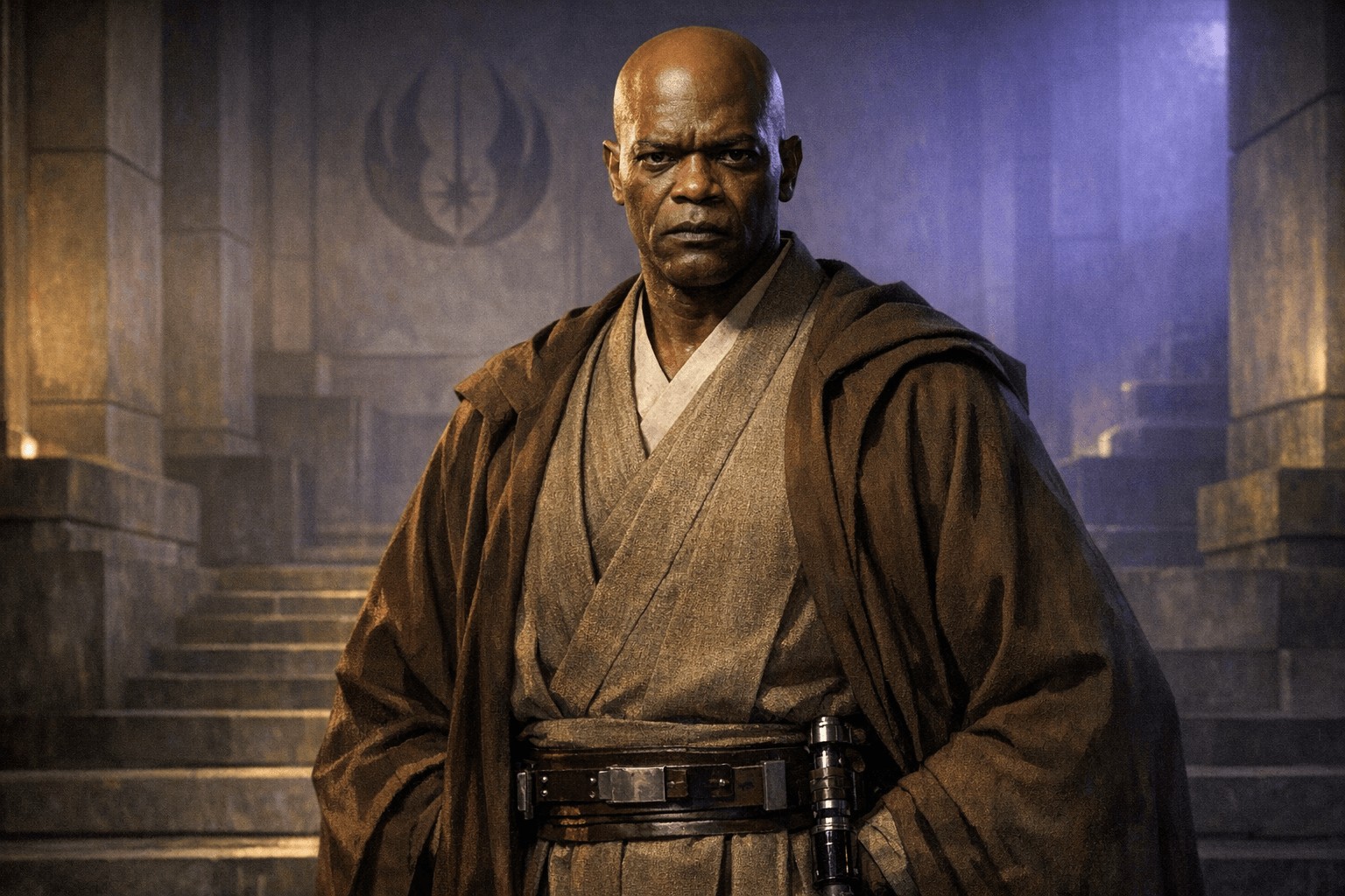 Мейс Винду стоит в торжественном храмовом пространстве как воплощение жёсткой джедайской дисциплины, доведённой до предела