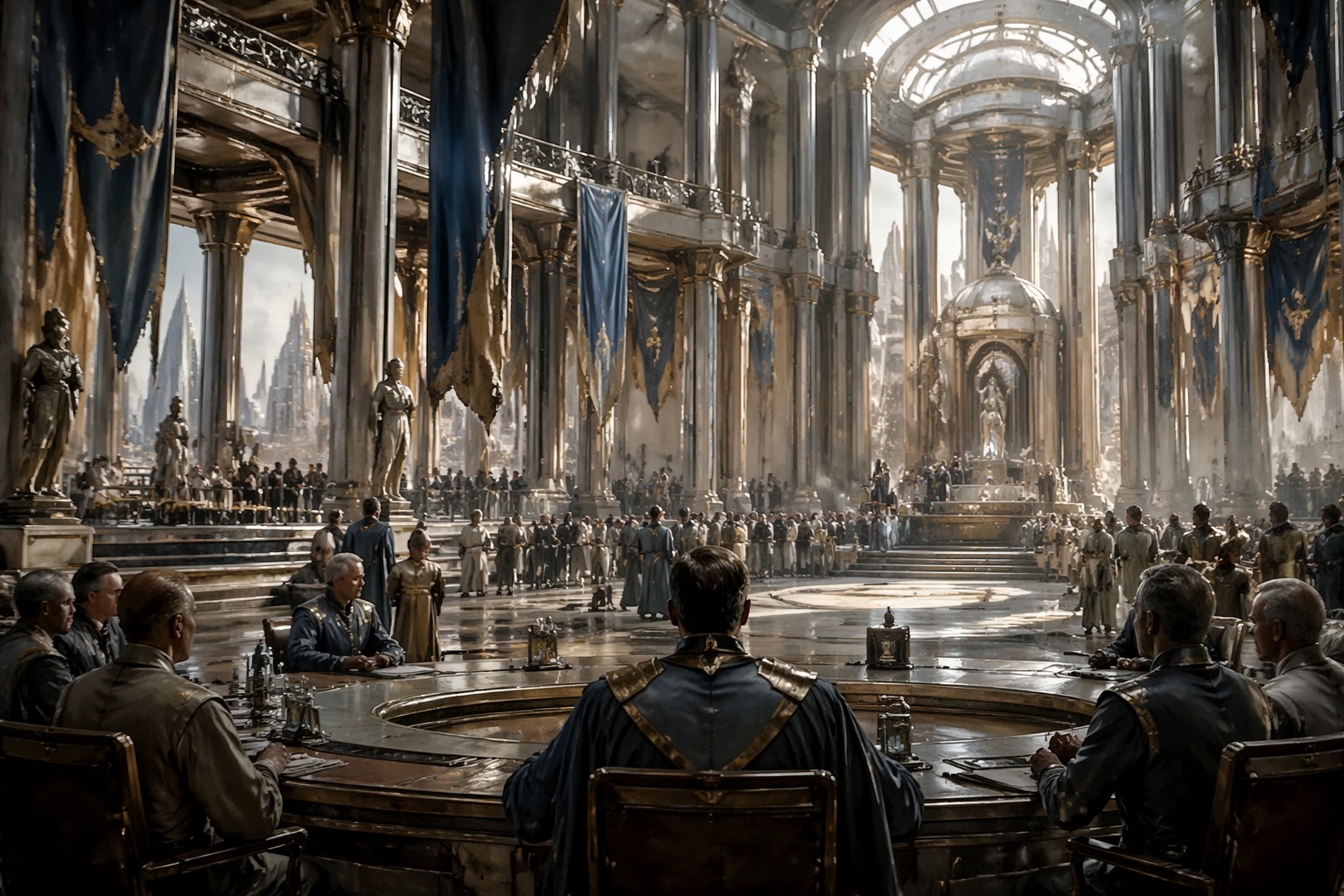 Зал Новой Республики после победы, где торжественная архитектура скрывает усталость институтов и незавершённый мир.