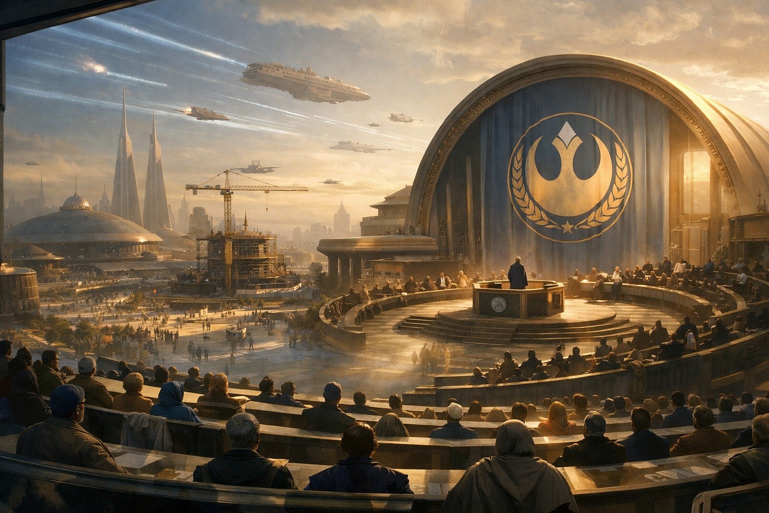 Новая Республика пытается восстановить политический порядок после Империи: светлый сенатский зал, символы новой власти и хрупкое чувство возрождения на фоне строящейся галактики