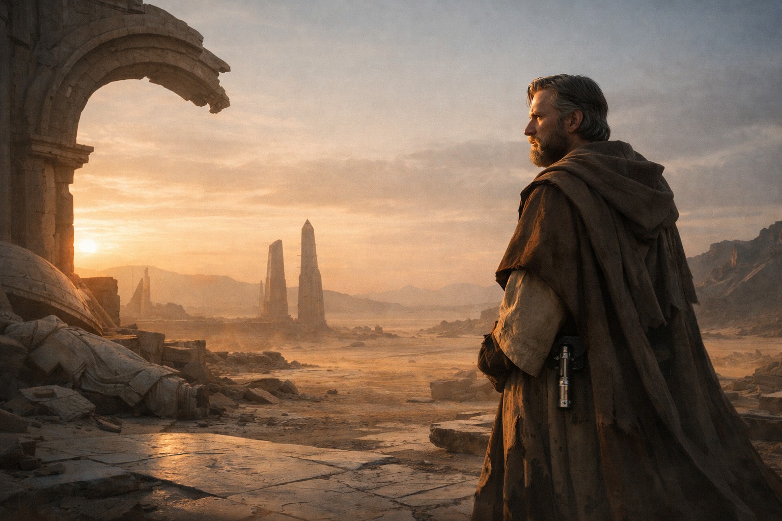 Оби-Ван Кеноби в медитации среди пустыни Татуина, с двумя солнцами на закате, передающий тему последнего стража умирающего порядка