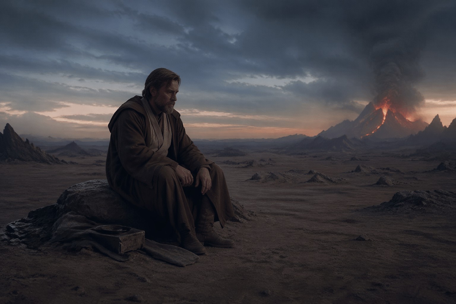 Оби-Ван после Мустафара, один на пустоши перед далёким огнём, с лицом человека, пережившего ученика, но не сумевшего его спасти.