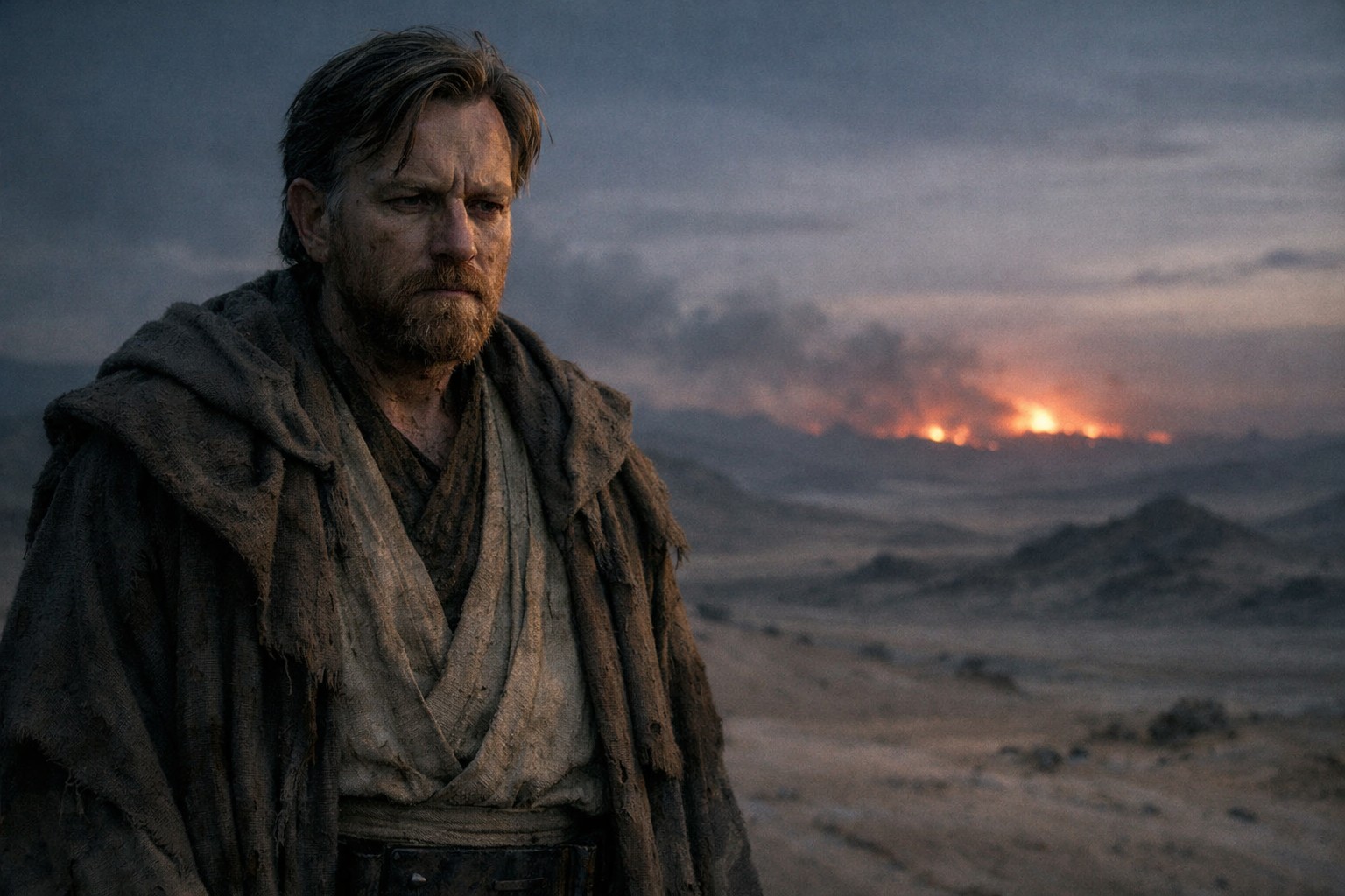 Оби-Ван Кеноби после Мустафара, один среди пустоты и огня, с лицом человека, которого не спасла верность.