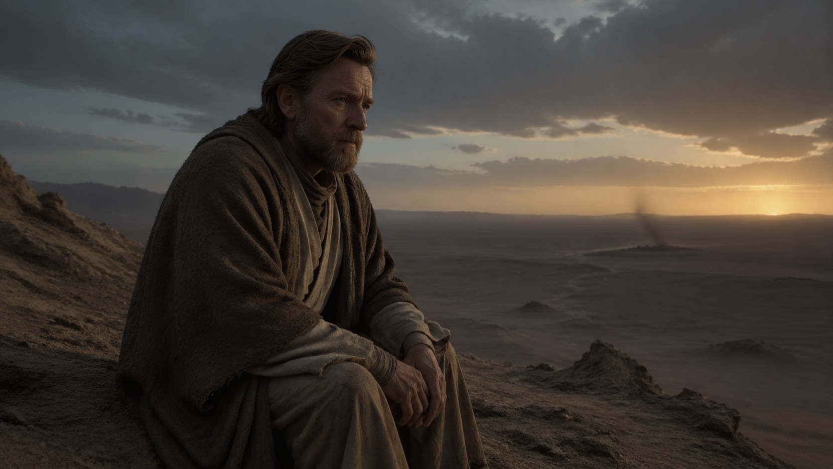 Оби-Ван в изгнании на пустынной высоте, где верность уже не выглядит спасением, а только памятью о тех, кого не удалось удержать.