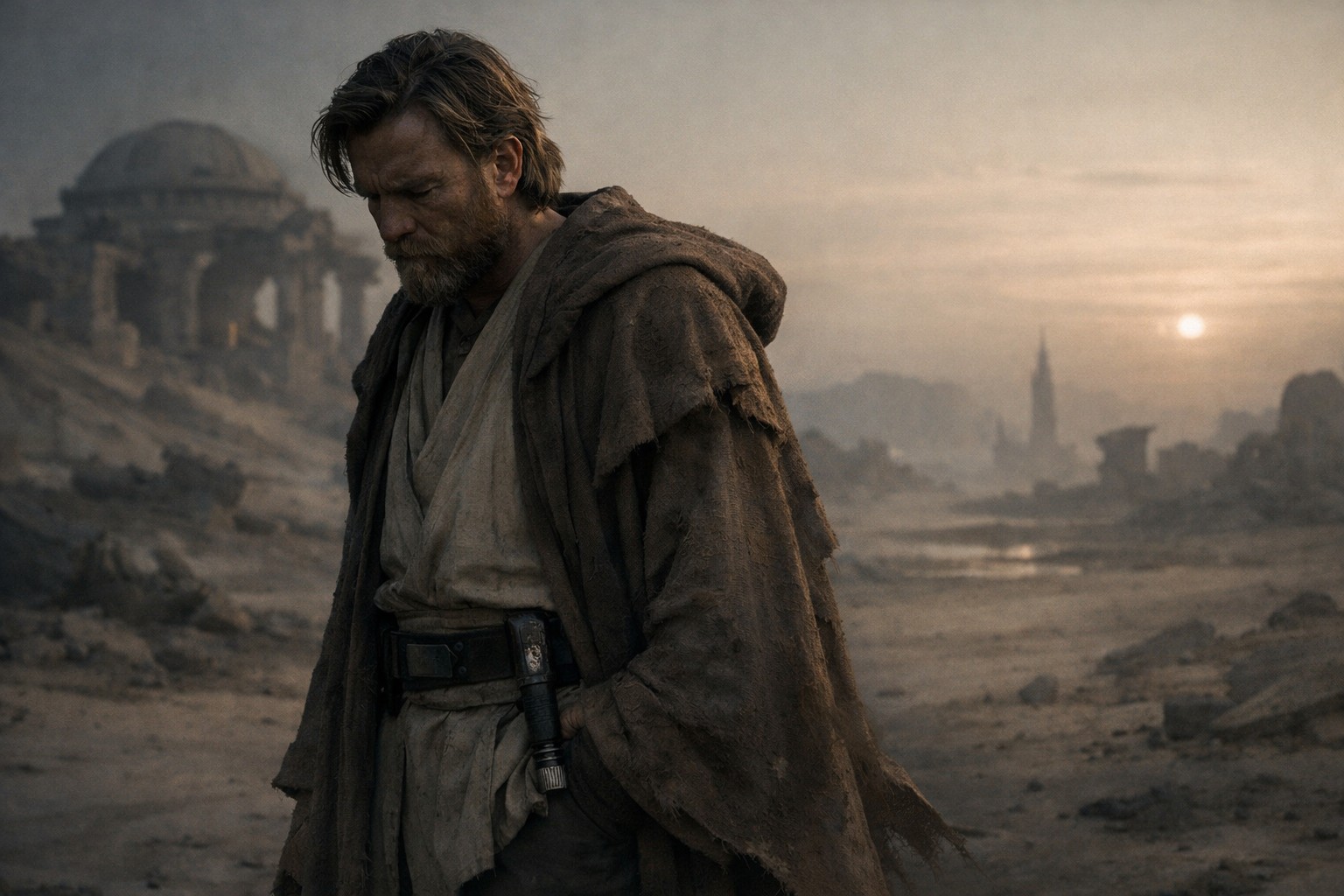 Оби-Ван Кеноби идёт через руины ушедшего мира на фоне тусклого солнца, как человек, переживший собственную цивилизацию