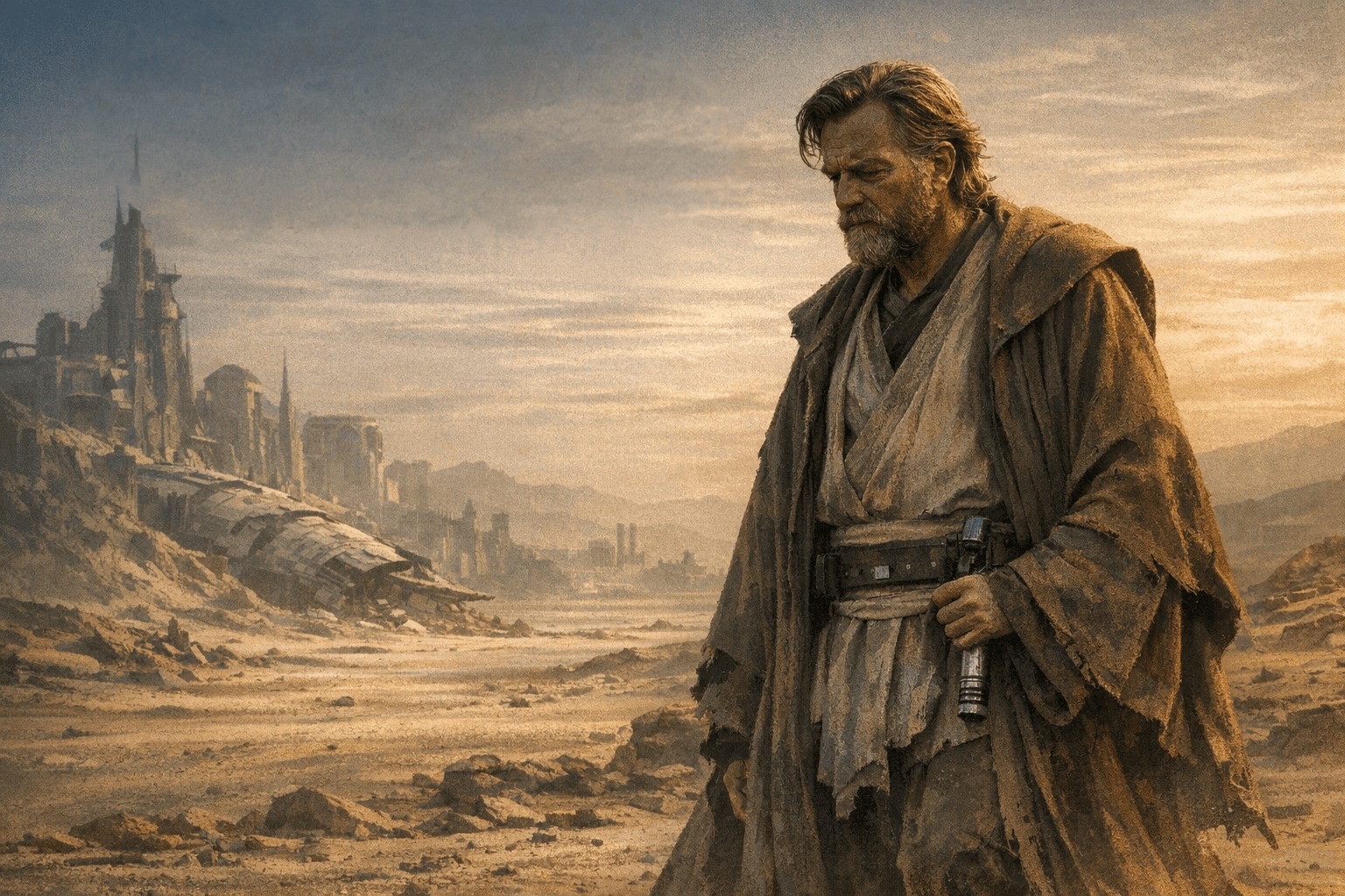 Оби-Ван Кеноби в медитации среди пустынных дюн Татуина на закате, с ощущением тихого ожидания и внутренней дисциплины мастера, пережившего свою эпоху