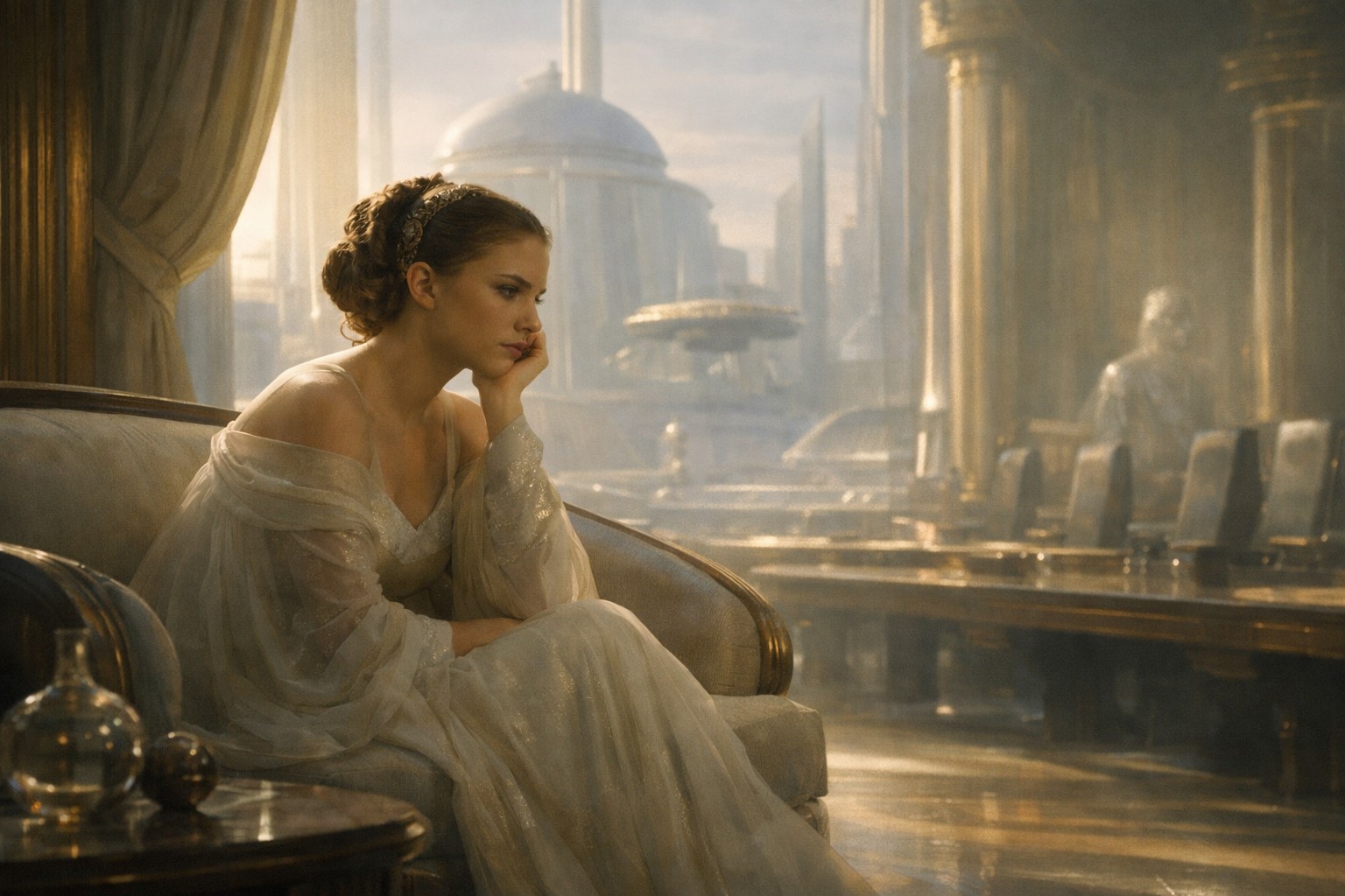 Падме задумчиво сидит в тихом светлом зале на фоне республиканской архитектуры, как живая совесть мира, который так и не научился слышать живое