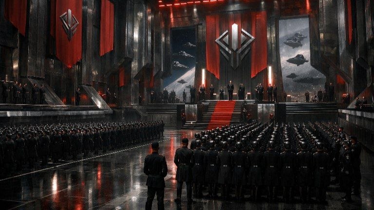 Символическая обложка, сравнивающая имперский и первый порядок через архитектуру власти и ощущение исторической массы