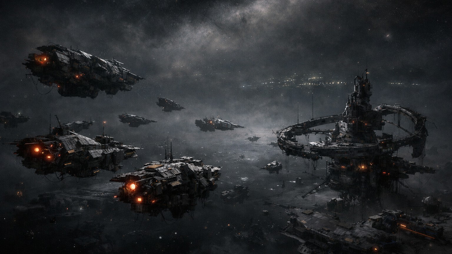 Пиратский флот из грубых разнородных кораблей у заброшенной орбитальной станции на краю власти, передающий вакуум контроля и хищную свободу фронтира