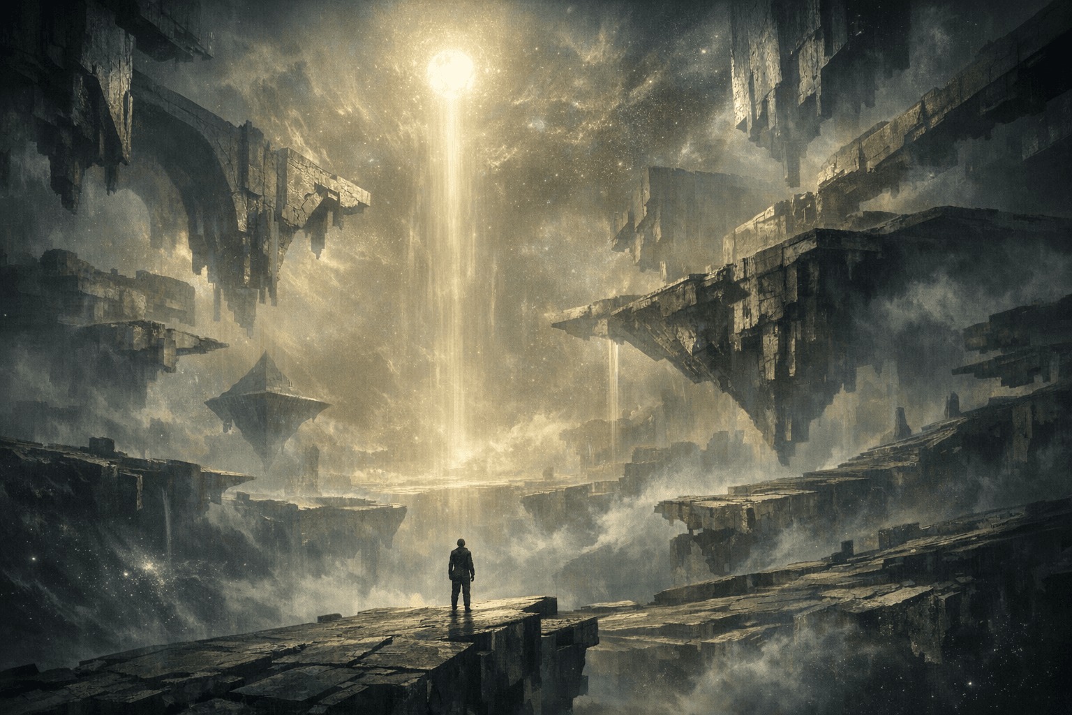 Одинокая фигура среди невозможной каменной архитектуры и сияющего разлома света, передающая метафизический масштаб Мортиса и хрупкость человека перед местом, где рушатся обычные правила
