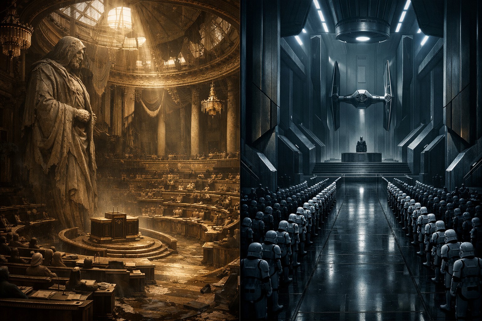 Расколотая композиция: слева усталое величие поздней Республики, справа холодная стройность Империи, как две формы одного системного кризиса