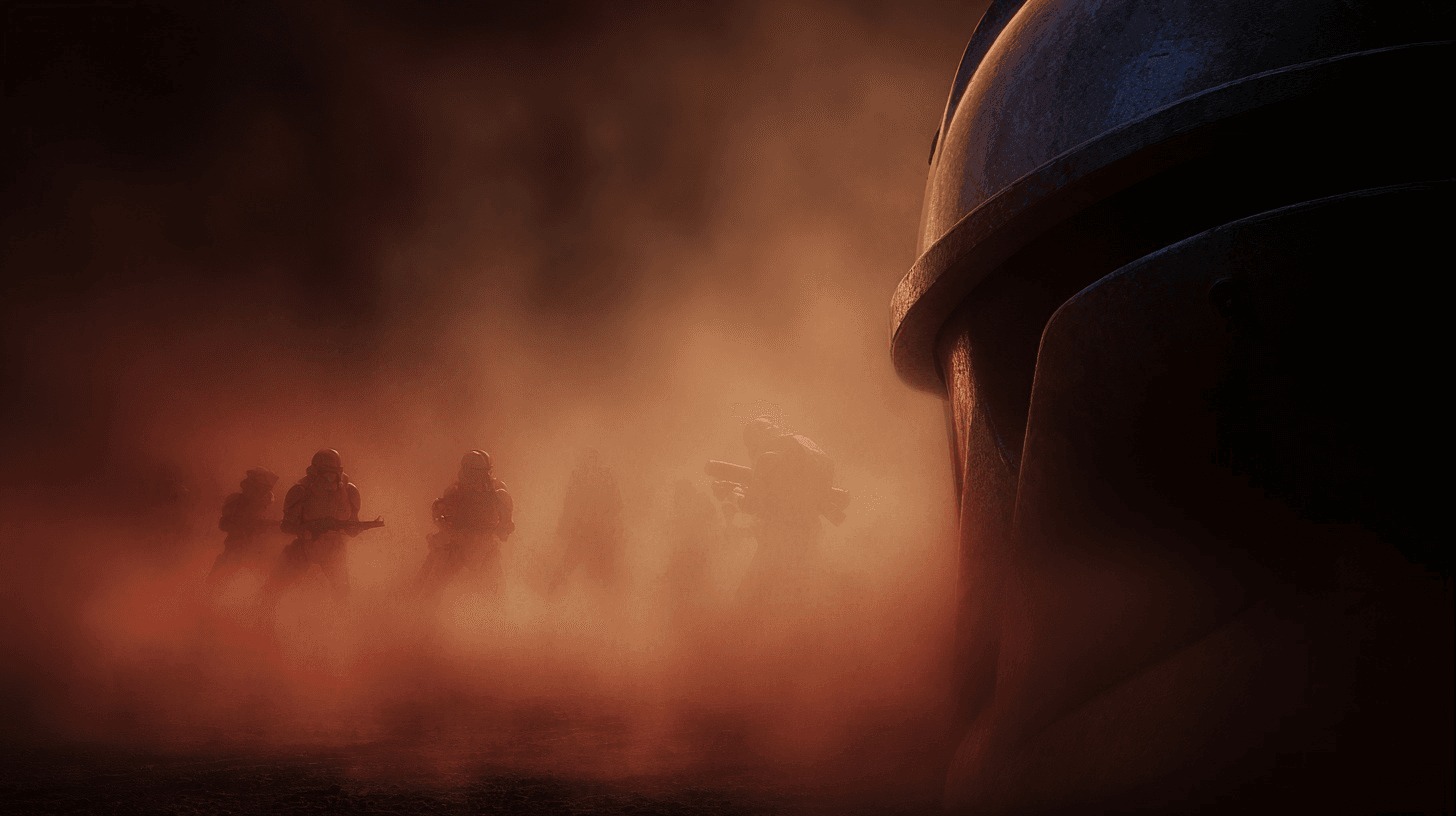 Тёмная атмосферная обложка с крупным шлемом клона на переднем плане и силуэтами солдат в дыму, передающая распад братства во время Приказа 66