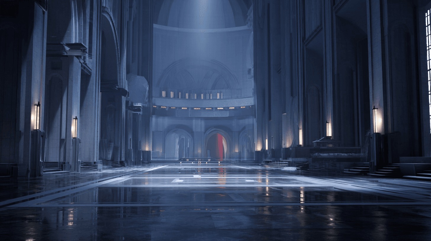 Монументальное холодное пространство власти с лучом света и тревожным красным акцентом в глубине, передающее усталость и внутреннюю пустоту поздней Республики