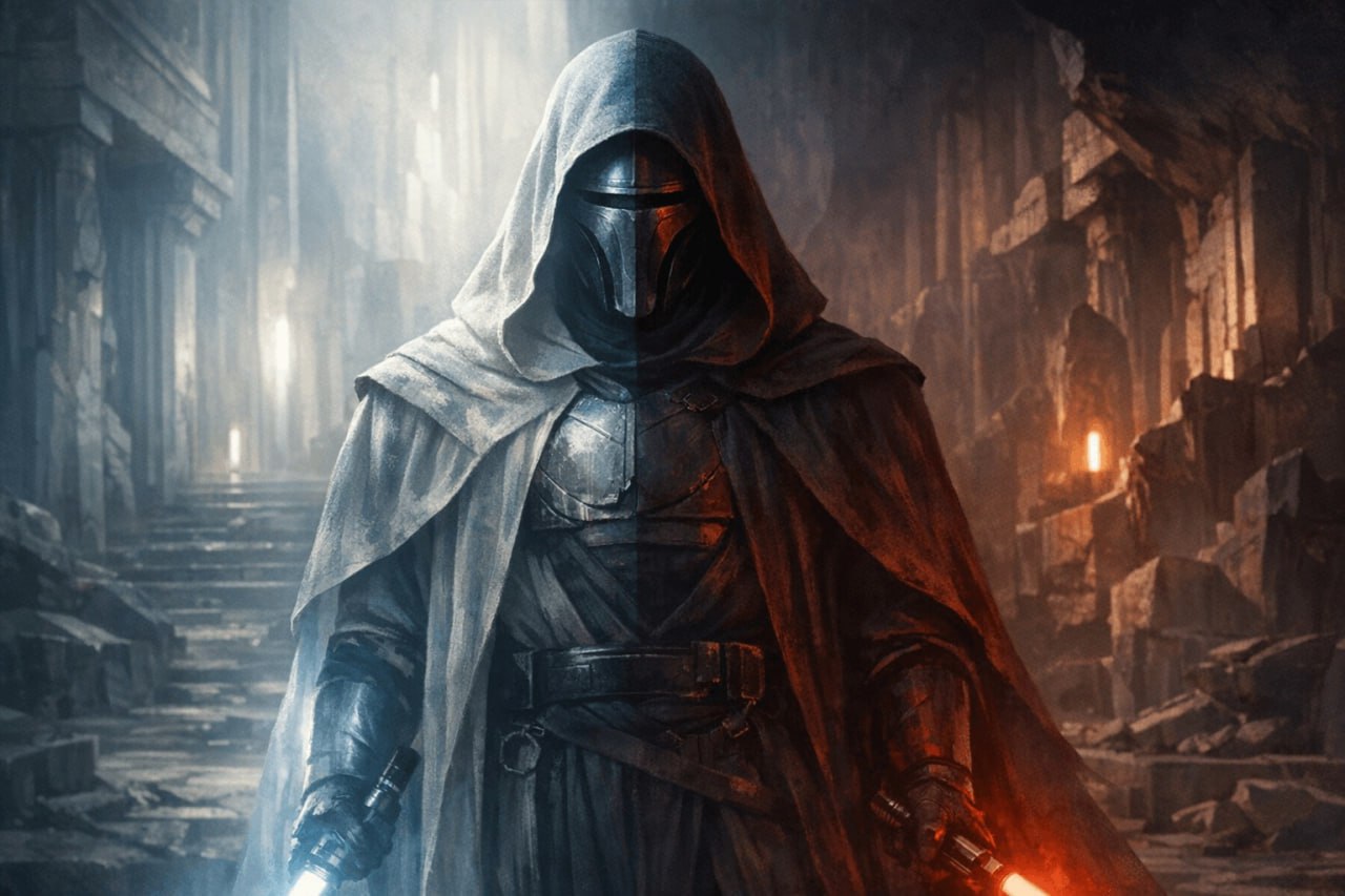 Фигура Ревана в древних руинах, разделённая холодным и тёплым светом, передающая раскол одной воли между порядком и тьмой