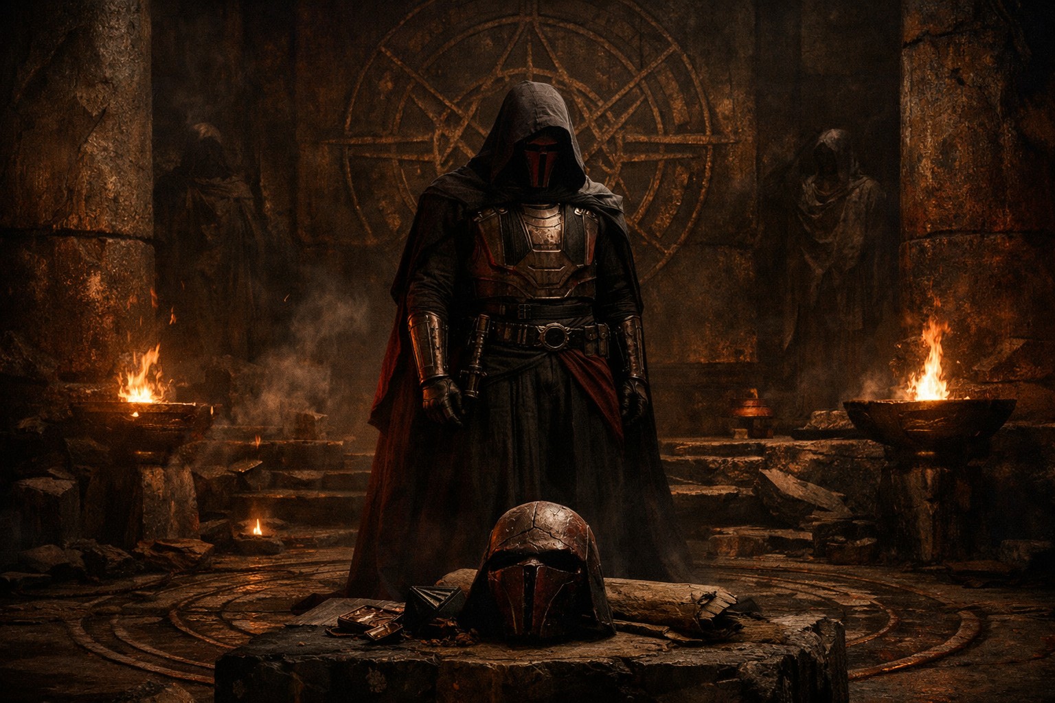 Реван стоит в древнем храмовом пространстве перед снятым шлемом, как воин, чья память и воля уже однажды были переписаны