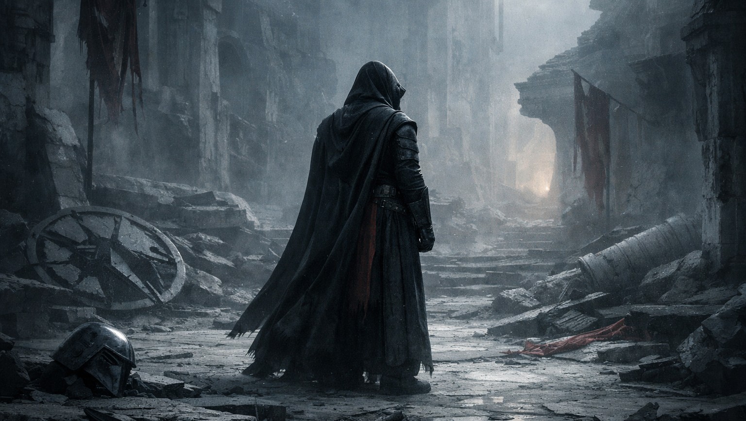 Одинокая фигура Ревана среди разрушенного сакрального пространства, с холодным светом руин и далёким слабым просветом, передающая тяжесть падения и трудную возможность возвращения