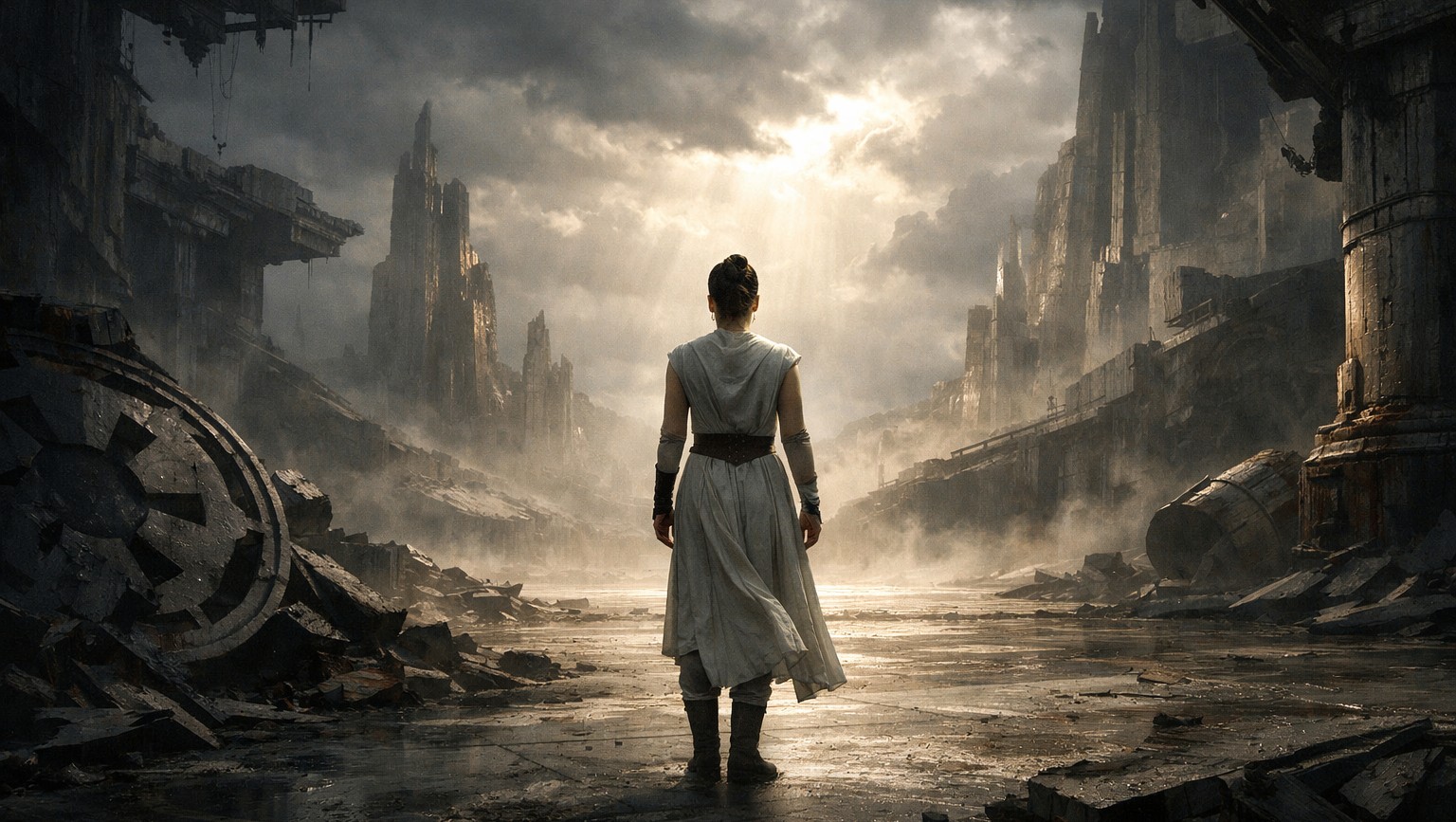 Одинокая фигура Рей среди руин имперского мира под прорывающимся светом, передающая путь к свету вопреки тёмному наследию