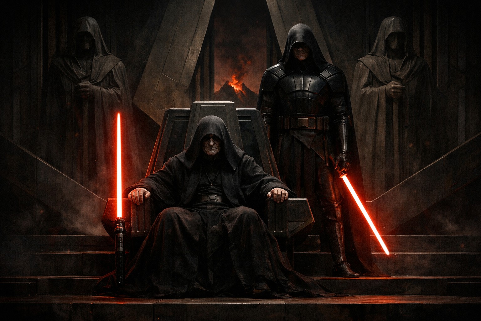 Два ситха в тёмном ритуальном пространстве: старший на троне и младший рядом, как воплощение Rule of Two — идеальной системы выживания и ужасной системы жизни
