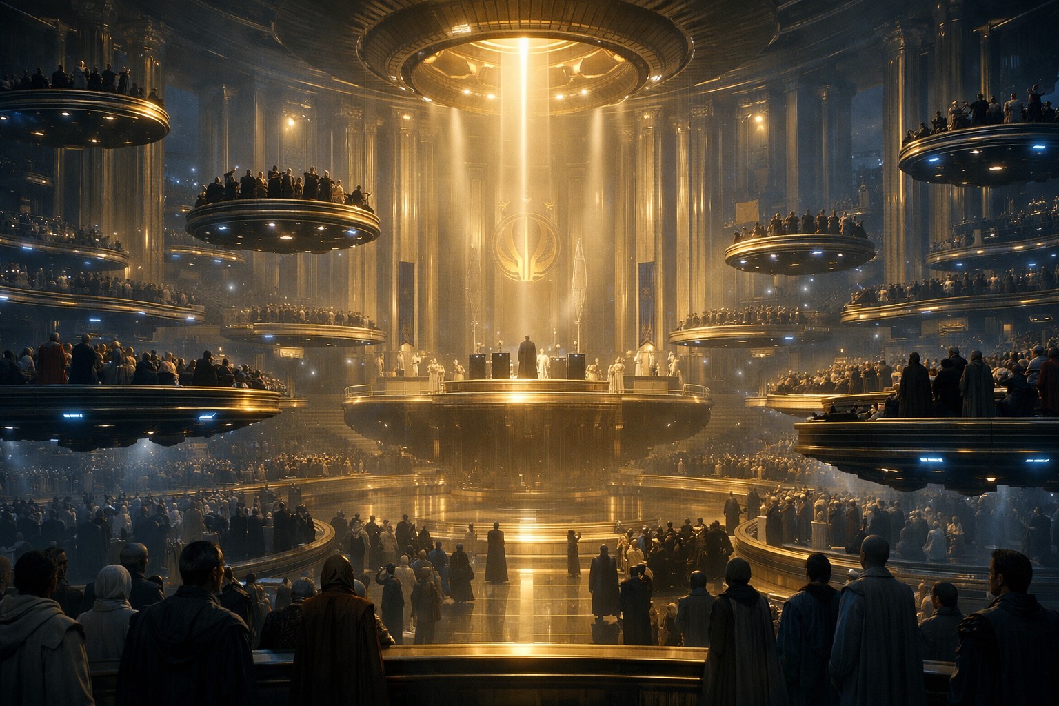 Монументальный зал Сената поздней Республики, залитый торжественным светом, где величие формы уже скрывает пустоту реального управления